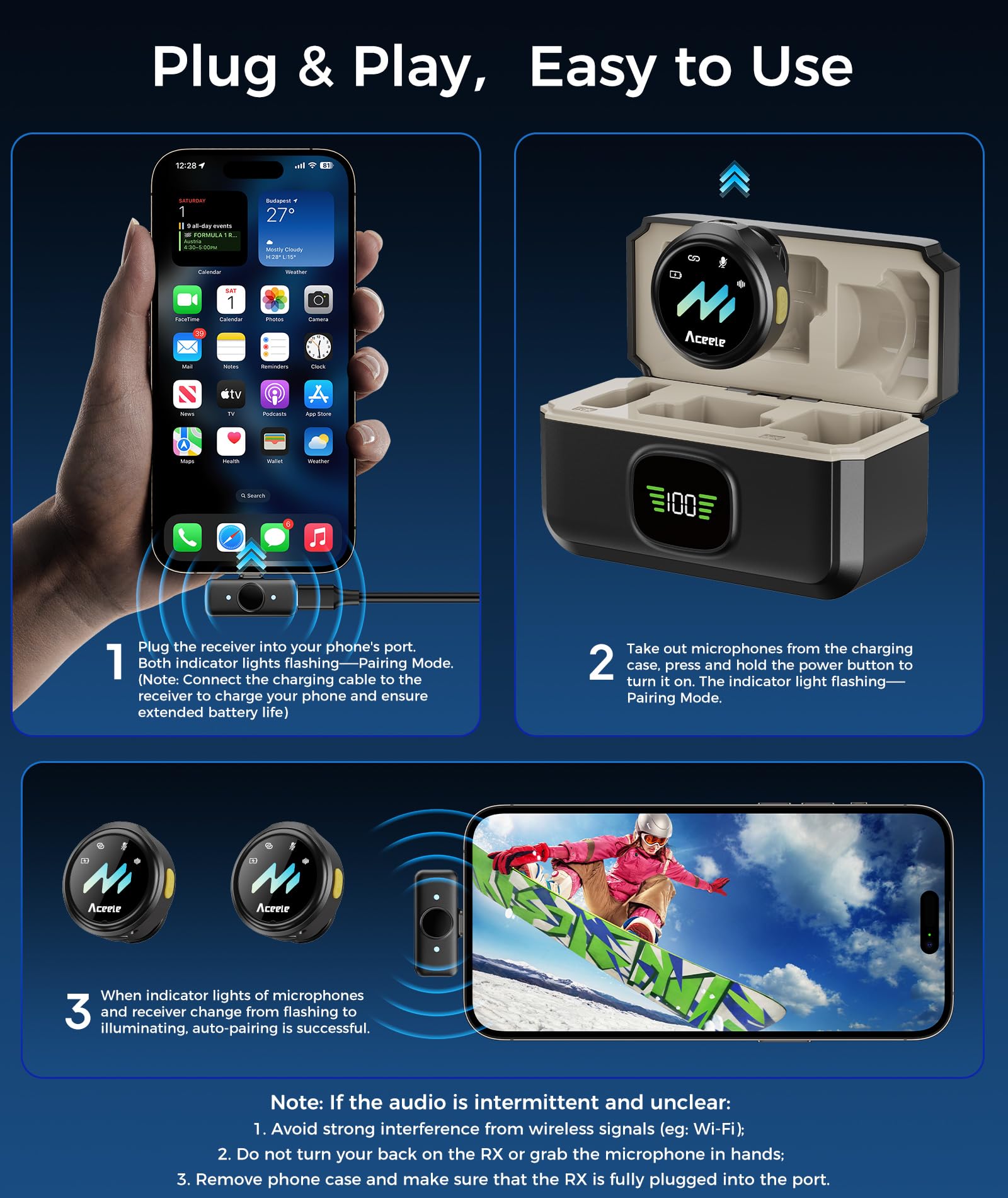 Aceele Micro Cravate sans Fil, Microphone sans Fil pour iPhone et Android, Réduction de Bruit, Audio Hi-FI 48kHz/24 Bits, Autonomie 24H, Portée 50 m, Micro Magnétique pour Vidéo, Live, Vlog, Podcast