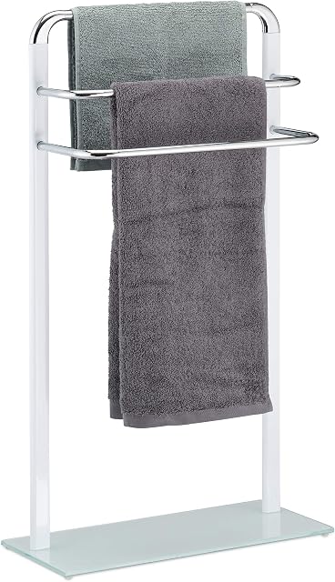 Relaxdays Towel Rack, Chromed Metal Towel Holder, HWD 80x45x20 cm, Clothes Valet, 3 Rails, White/Silver