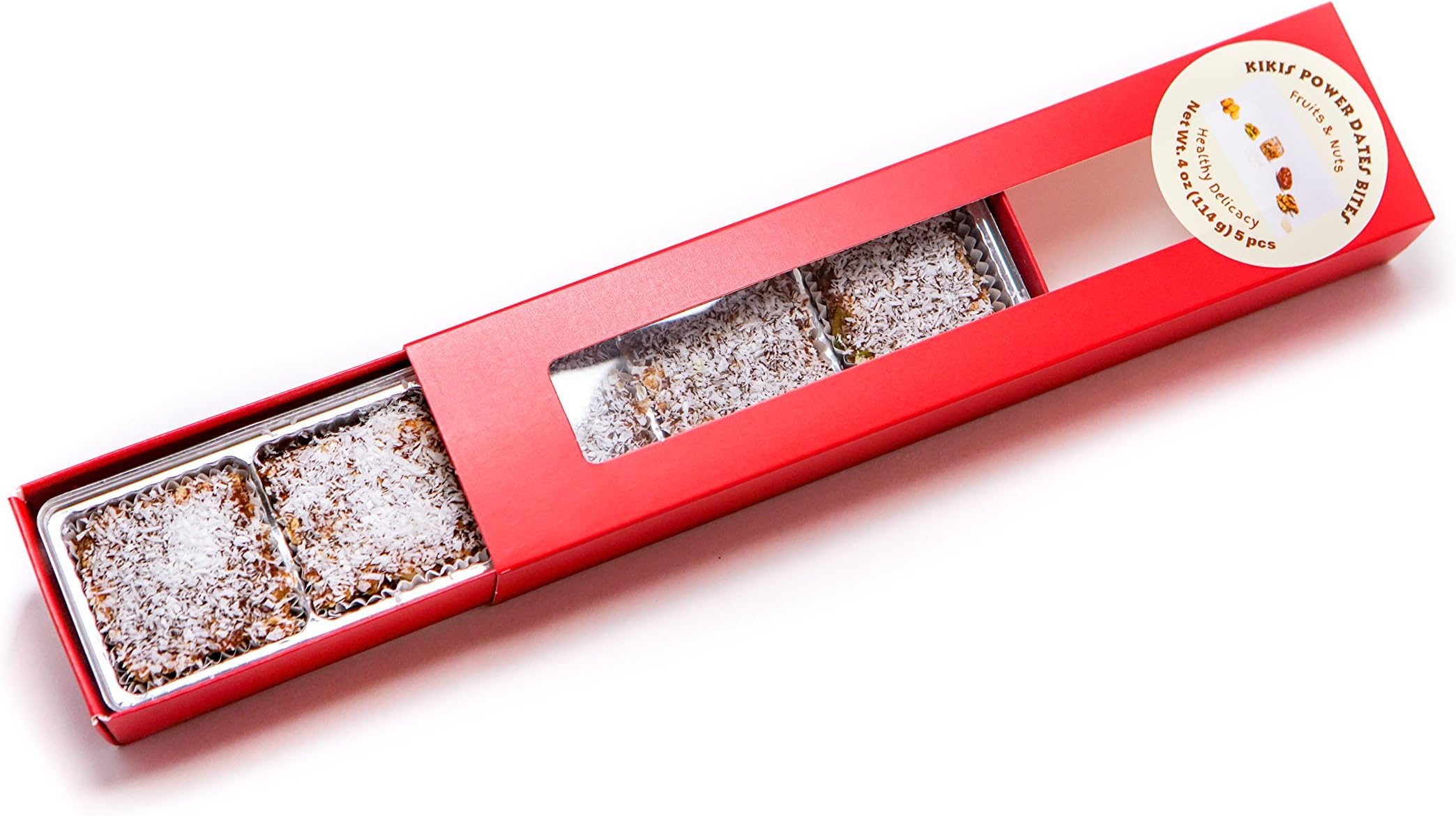 Dates Fruit and Nuts Bites Delicacy in Red Slider (2 Boxes) [each box contains 5 pcs, 4 oz (113 g), total of 10 pcs, 8 oz (226g)]
