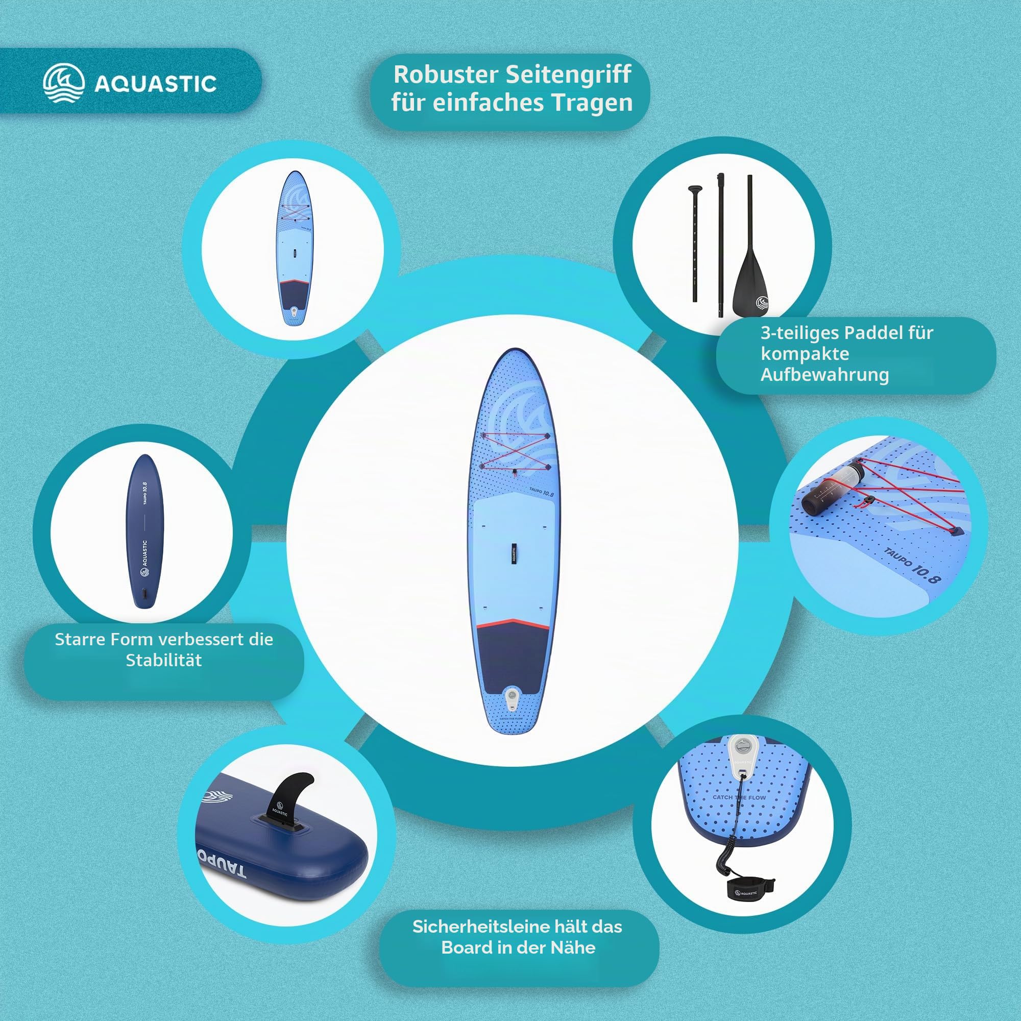 AQUASTIC Taupo SUP Board 10'8" Allround – aufblasbares Stand Up Paddle Board mit Paddel, Pumpe & Rucksack