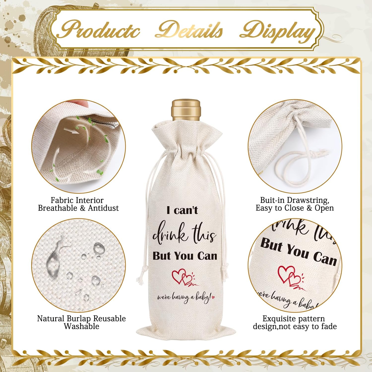 Pregnancy Announcement Wine Gift Bag - Wxiben I Cant Drink This But You Can Pregnancy Announcement Gifts Reusable Burlap Wine Bottle Bag for Grandparents Family Husband Aunt Uncle New Mom Dad - Image 3