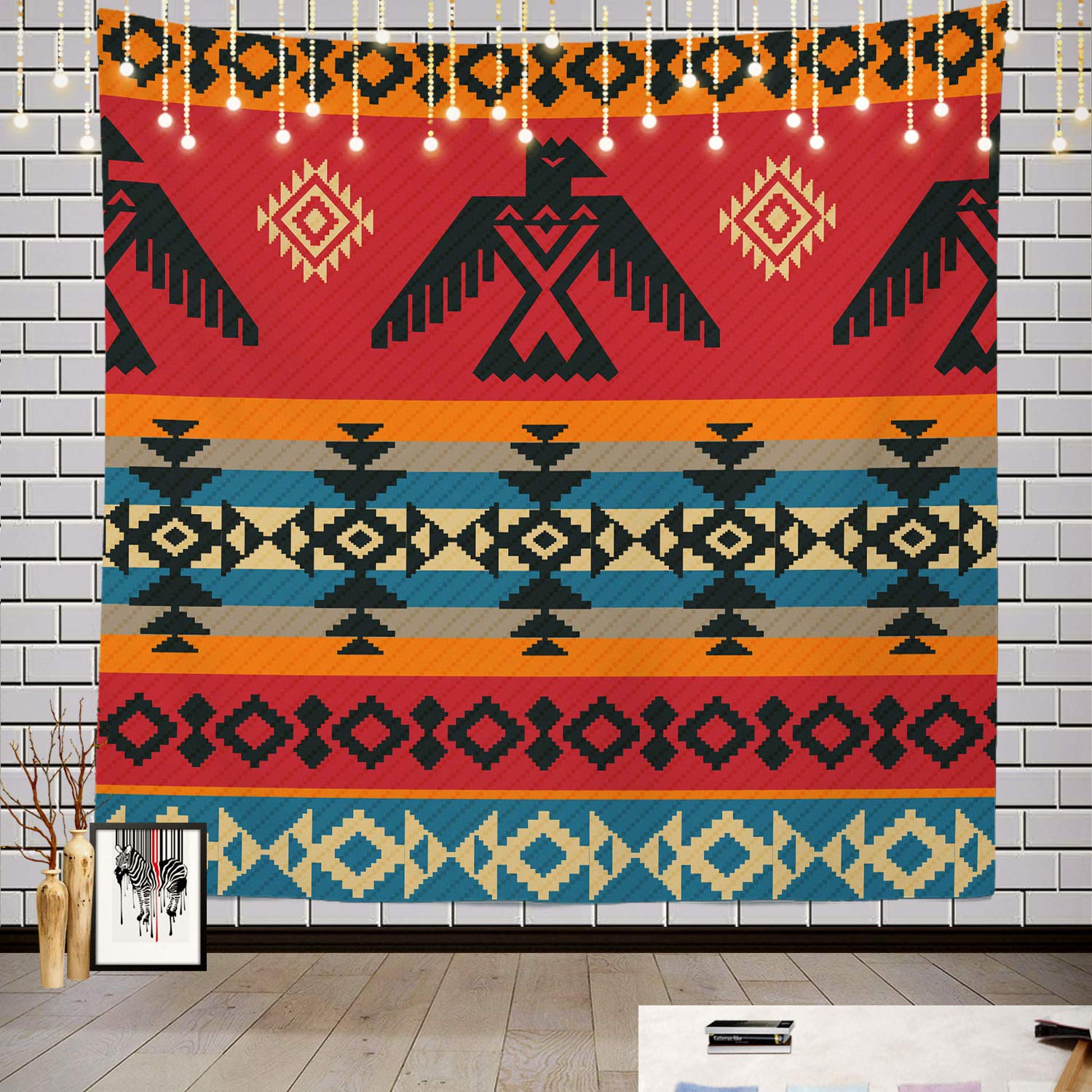 Batmerry Ethnic Geometric Tribal Tapestry, Native American Navajo Tribal Design Print Picnic Mat Hippie Trippy Tapestry Wall Art Decor for Bedroom Living Room, 59.1 x 59.1 Inches, Geometric