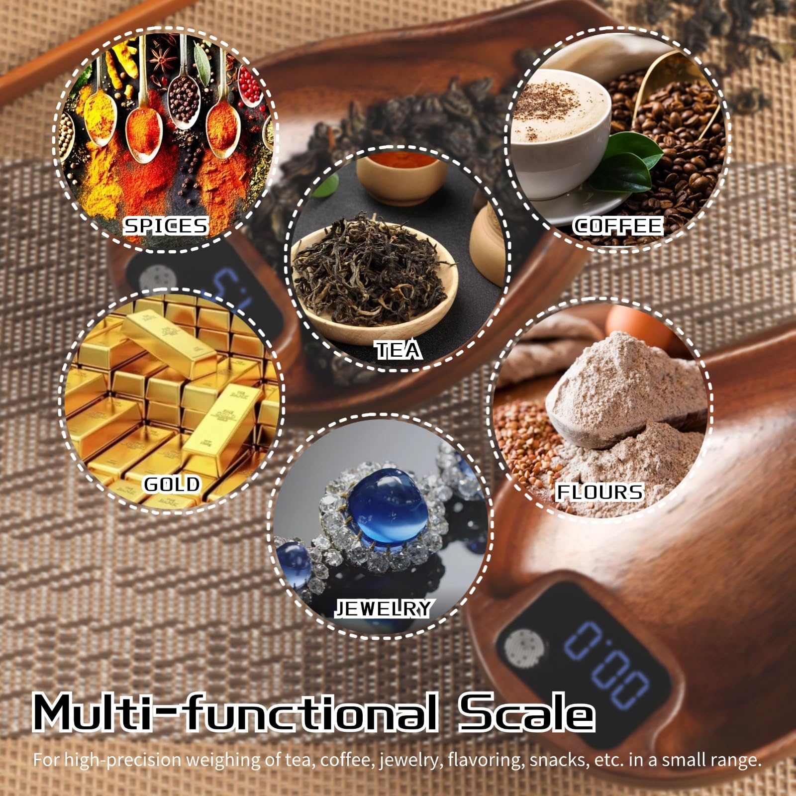 Mini-Kaffeewaage mit Timer, 200 G/0,1 G Genaue Teewaage aus Holz, Hochpräzise Wiederaufladbare Küchenwaage, Elektronische Teewaage, Digitale Gewichts-Gramm-Waage für Zuhause