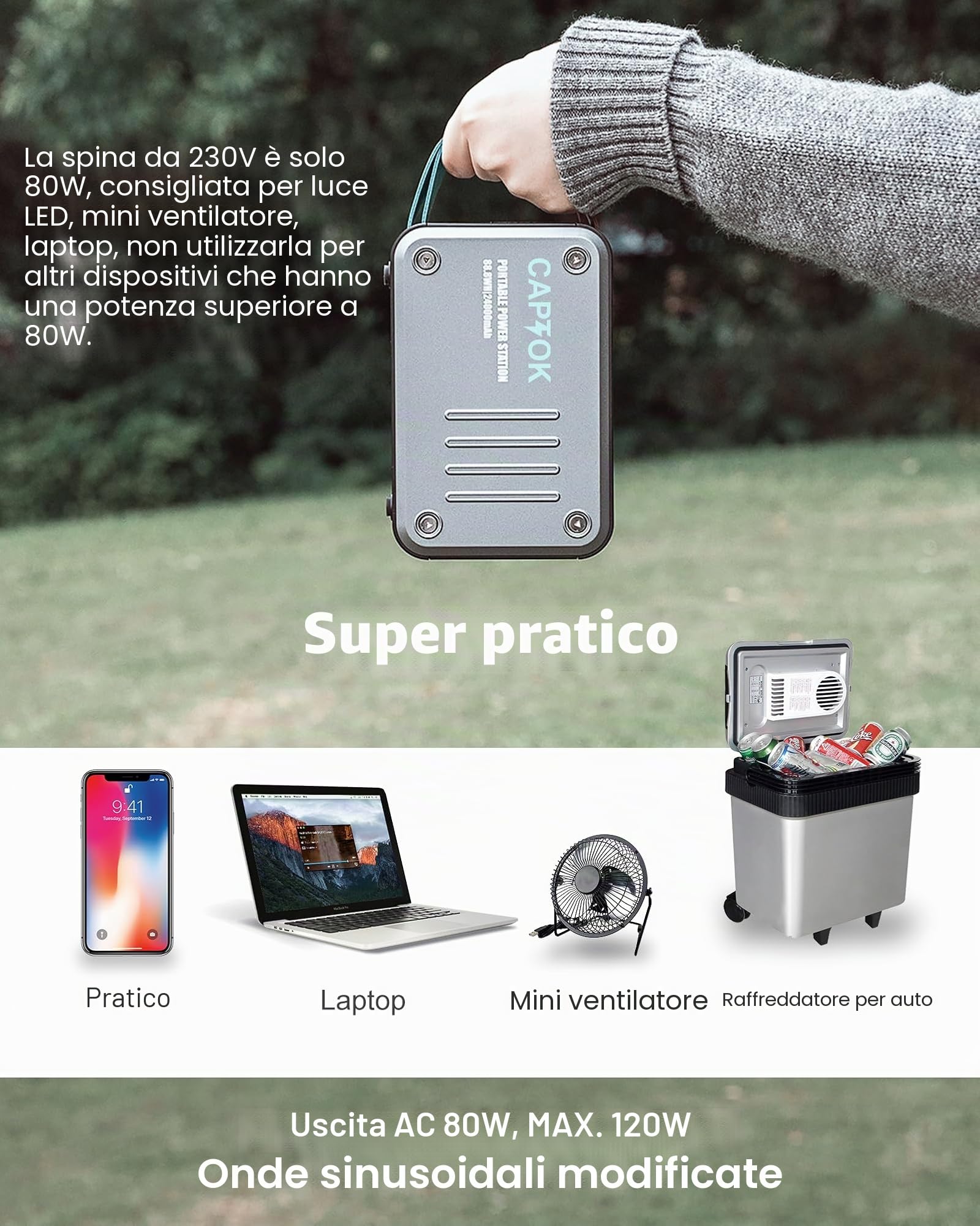 Power Station 230 V con presa di corrente, 88,8 Wh, caricatore senza fili, 10 W, generatore solare da 120 W, USB LED per campeggio, attività all'aperto, emergenza