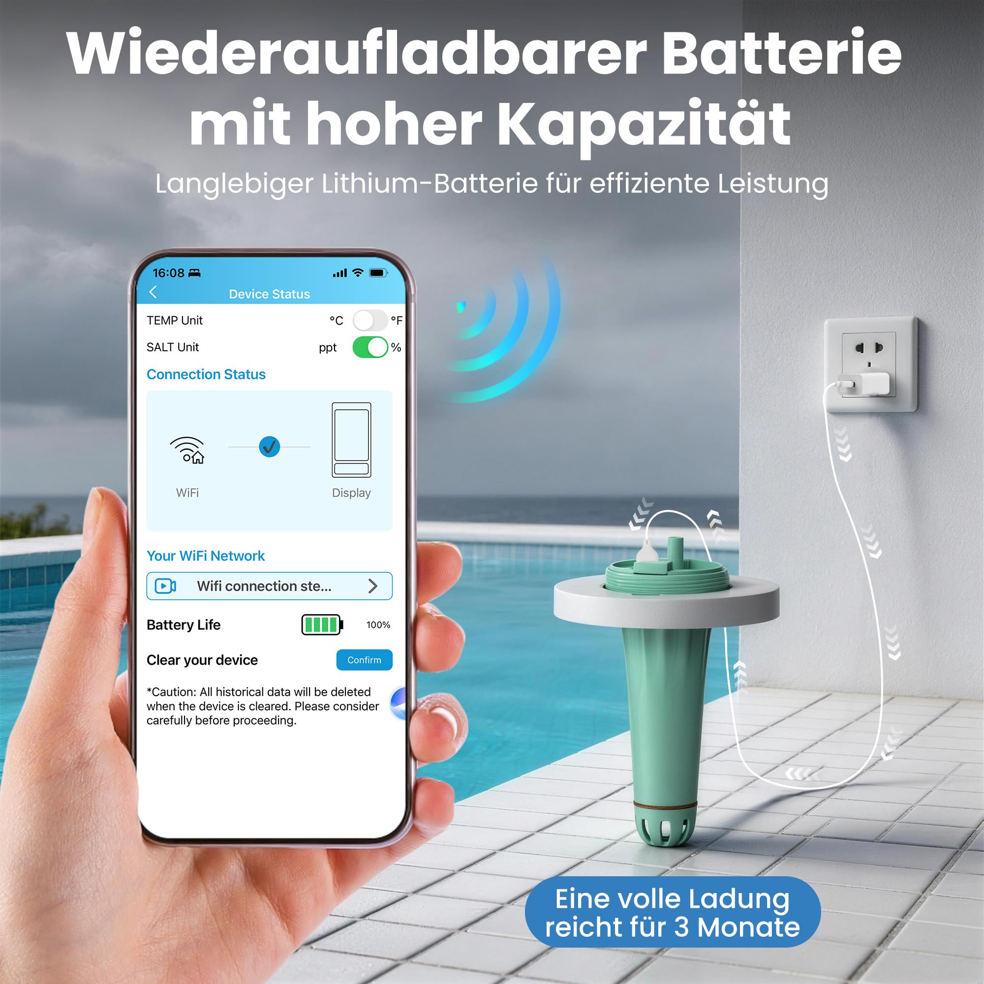 Intelligenter 7-in-1 Pooltester mit App-Steuerung, Digitaler Pool Messgerät für pH, Chlor, TDS, EC, ORP, Salz, Temperatur, IP68 wasserdichtes Wassertester für Pools, Whirlpools, Spas, Schwimmbad