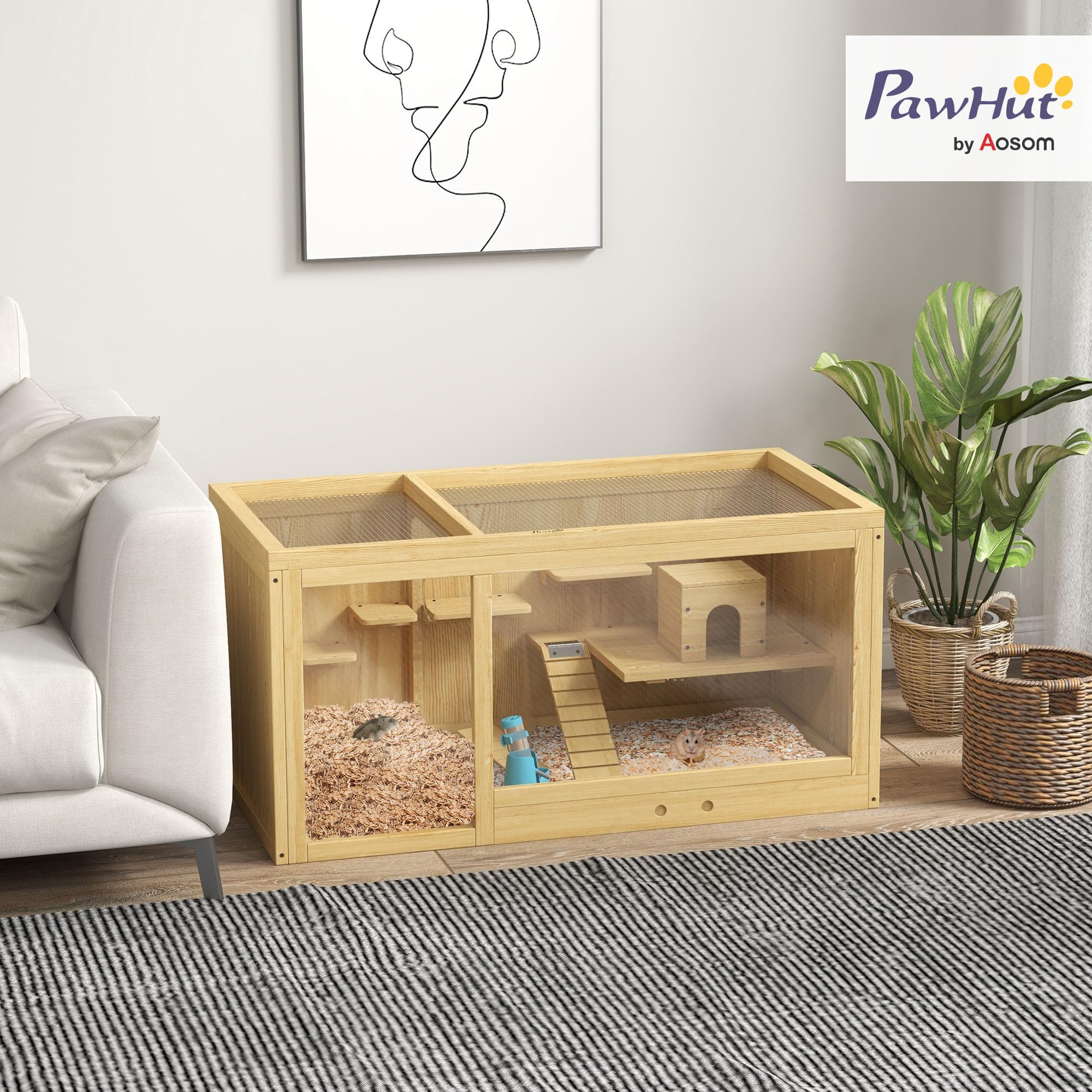Jaula de madera para hámster PawHut, caseta para animales pequeños de 100 cm, jaula de juegos para jerbos jaula para roedores con columpios, escaleras, techo abrible, caseta, naturaleza