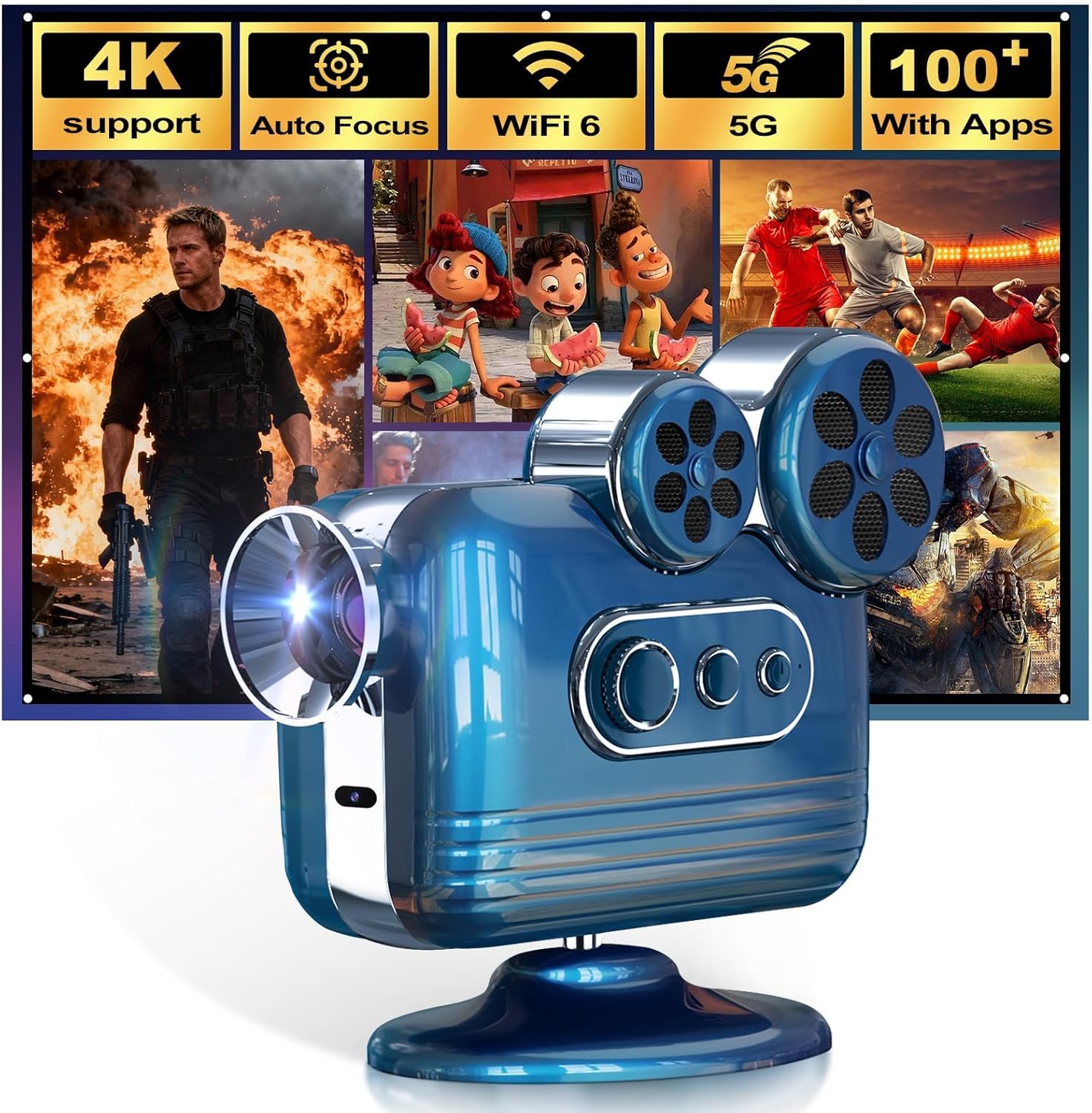 【Built-in Apps] 5G WiFi Bluetooth Smart 4K Full HD Projector, Movie Projector with karaoke stereo speaker, Equipped with 2 microphones,Compatible with Pc/TV Sticks/Phones/USB (With APP)