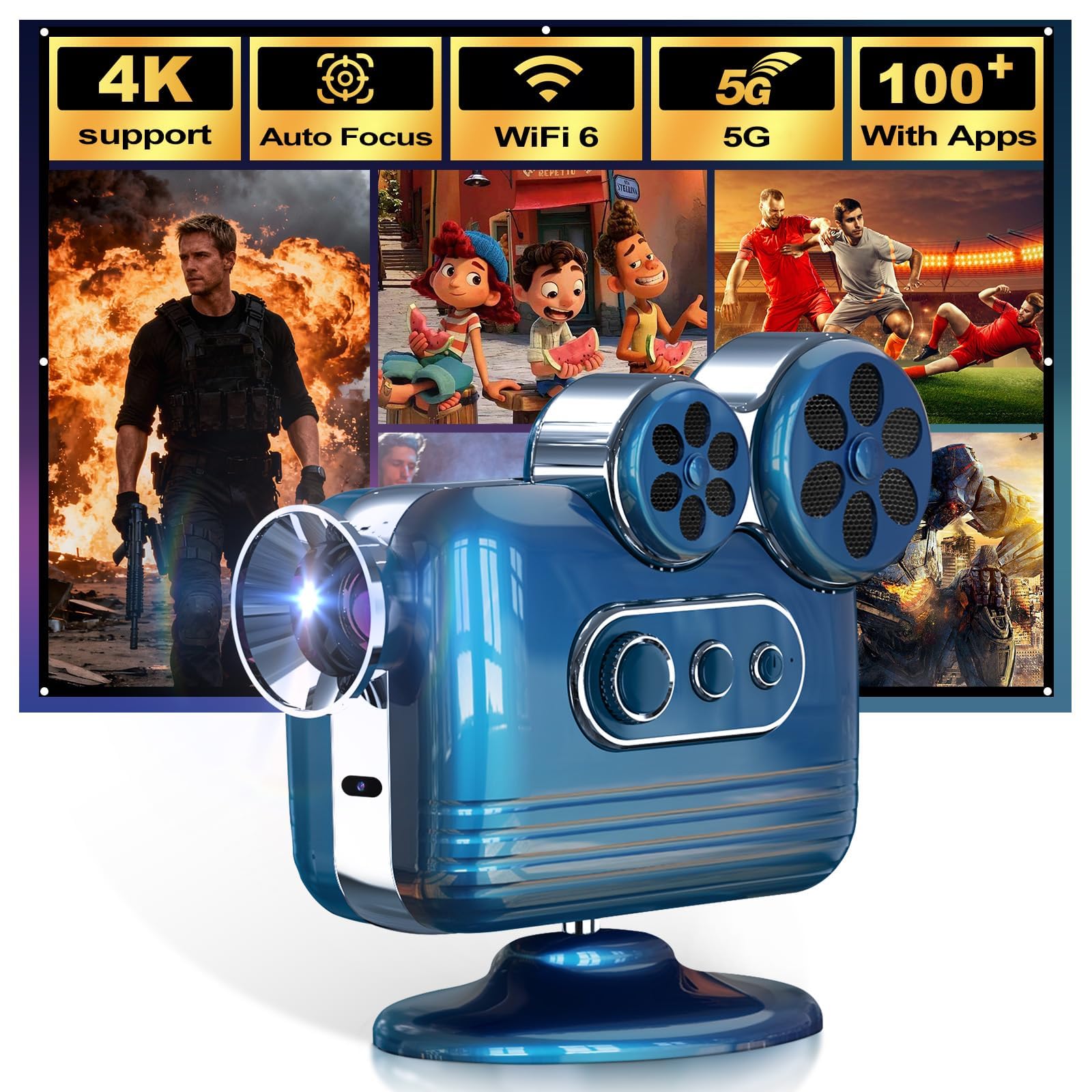 Wireless Mini Projector with WIFI 6 and Bluetooth, 4K 1080P Support Portable Projector 180° Rotatable. 17"-130" Screen Video Projector. Compatible for Smartphone, Laptop, PC(Q6 mate) — view 9
