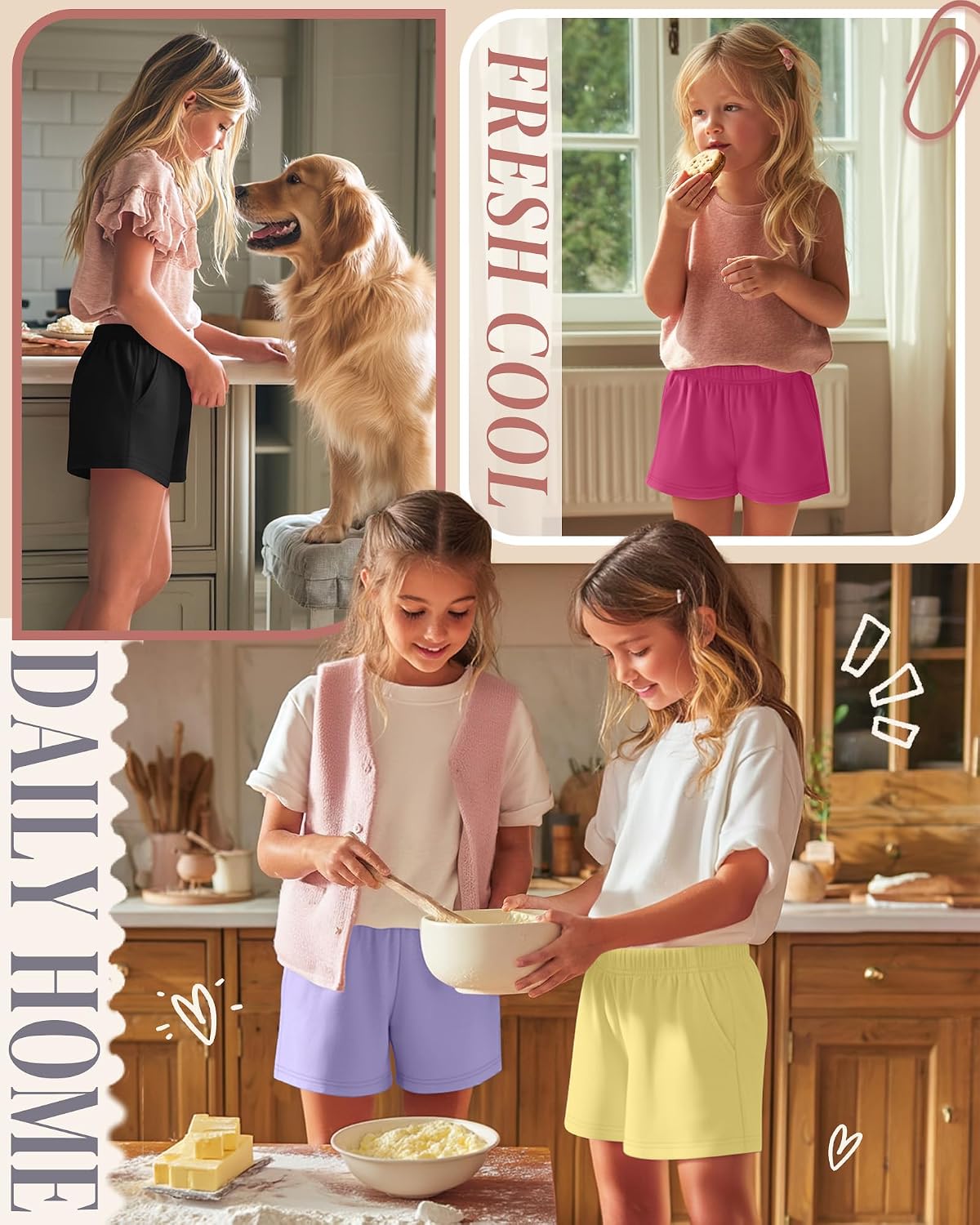 5 Pack Girls Shorts Athletic Casual Summer Teens Elastic Waist Tween SweatShorts with Pockets for Kids 5-16 Years