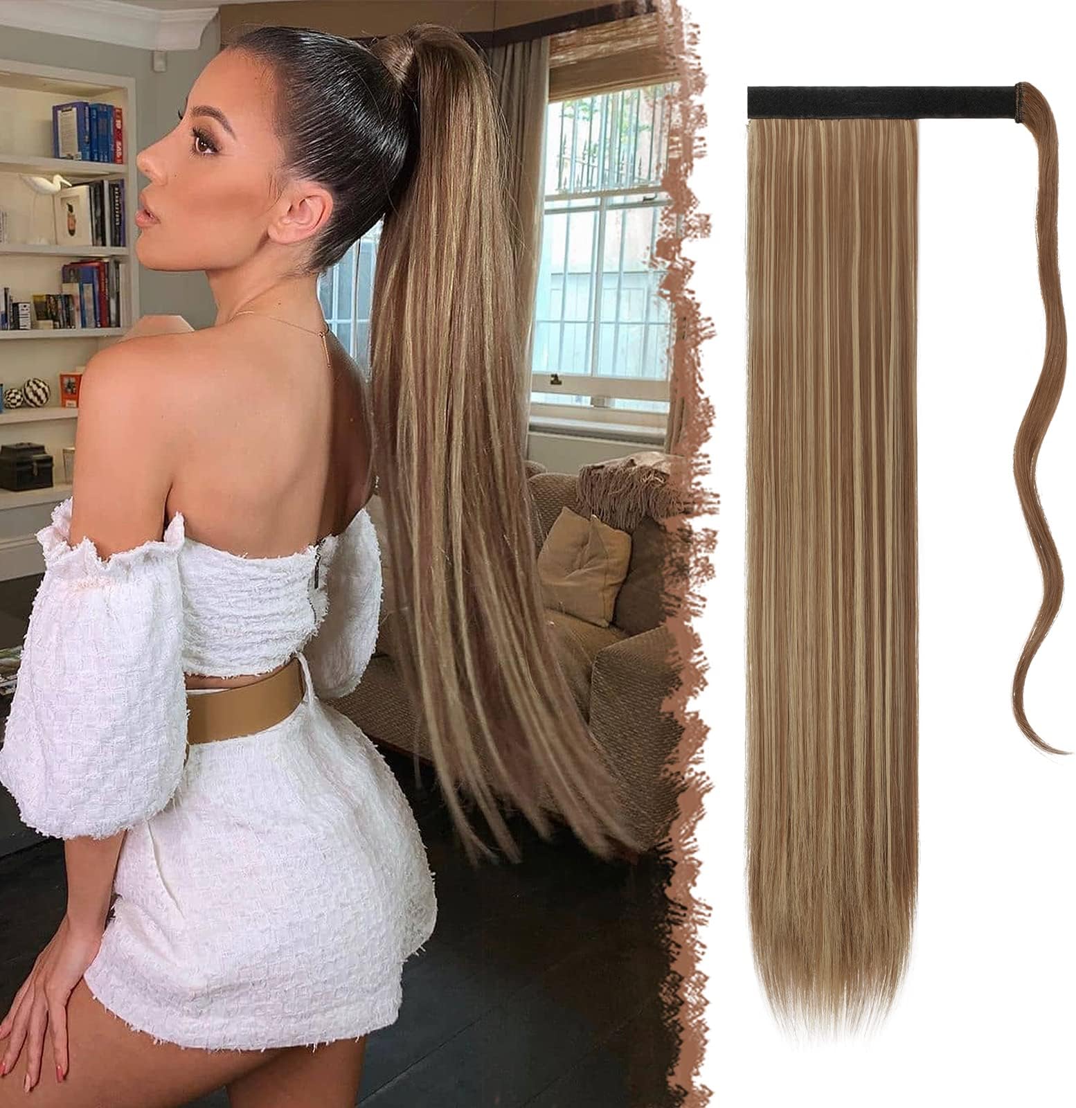FESHFENPonytail Extensions - 24 Inch Long Straight Brown and Blonde Wrap Around Synthetic Ponytails Hair Piece Pony Tail Hair Extensions Hairpieces for Women