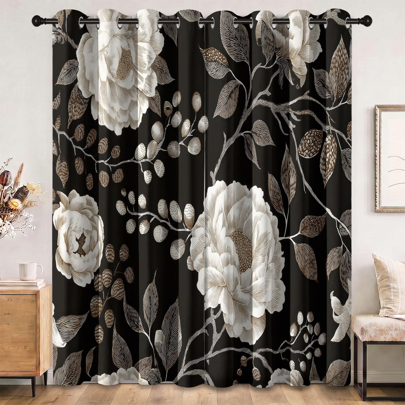 Rideau occultant à Motif de Pivoine Botanique Victorienne, Plante Rideaux œillets Isolation Thermique Traitements fenêtre à œillets pour Chambre À Coucher, 140L X 260H cm (2 Panneaux), Noir