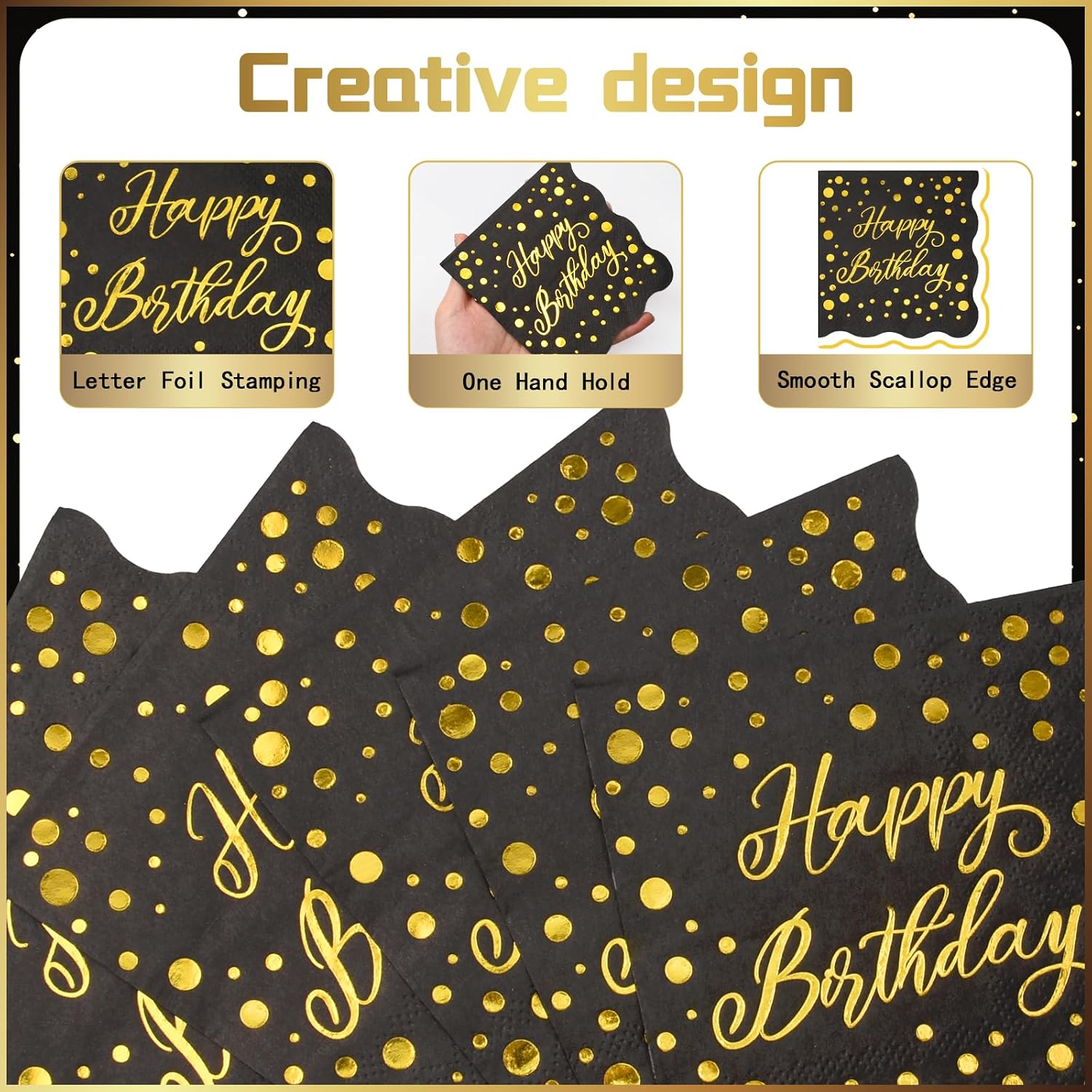 100 Pcs Happy Birthday Napkins Disposable Black and Gold Birthday Napkin image 5