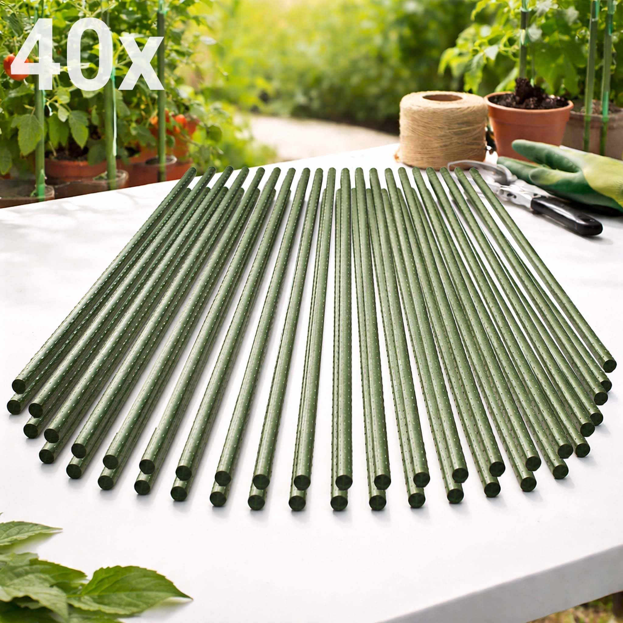 40x Varillas de Soporte para Plantas Verdes 150cm Ø11mm tutores de Metal y plástico para Tomates y Plantas trepadoras.