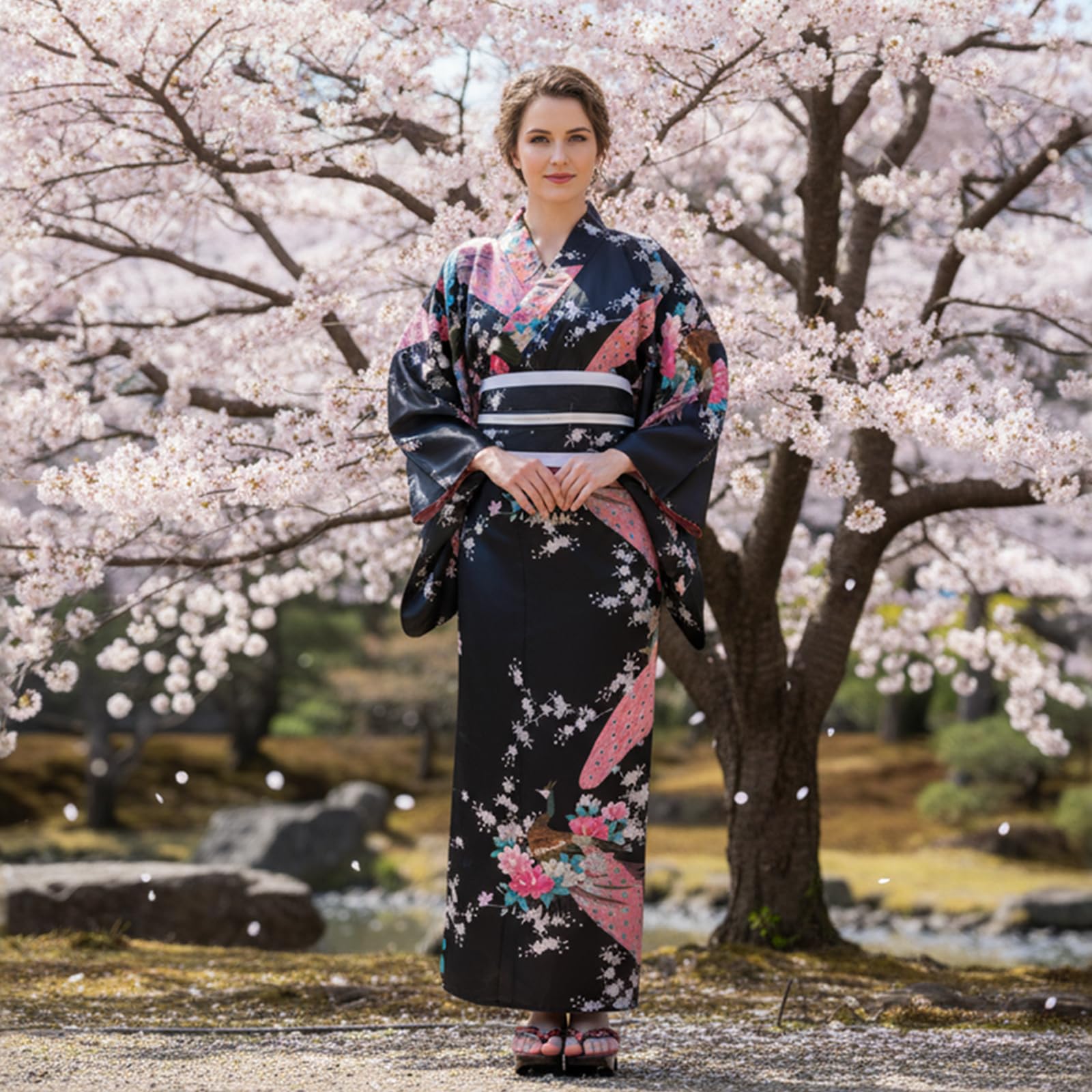Completo Yukata Kimono Donna Giapponese in Raso Setoso, 8 Pezzi in Scatola Regalo - Costume Geisha Elegante Motivo Pavone o Sakura, Abito Cosplay Anime per Carnevale, Feste, Festival, Fotografia