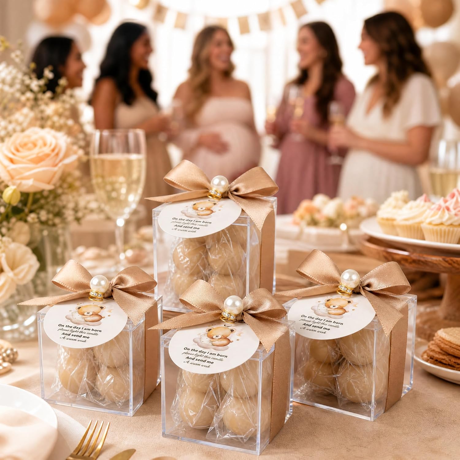 20 Set Fully Assembled Small Bubble Candles Elegant Baby Shower Favors Bulk Set with Decorative Ribbons Thank You Cards for Baby Shower Guest Gifts (20, Brown Bear)