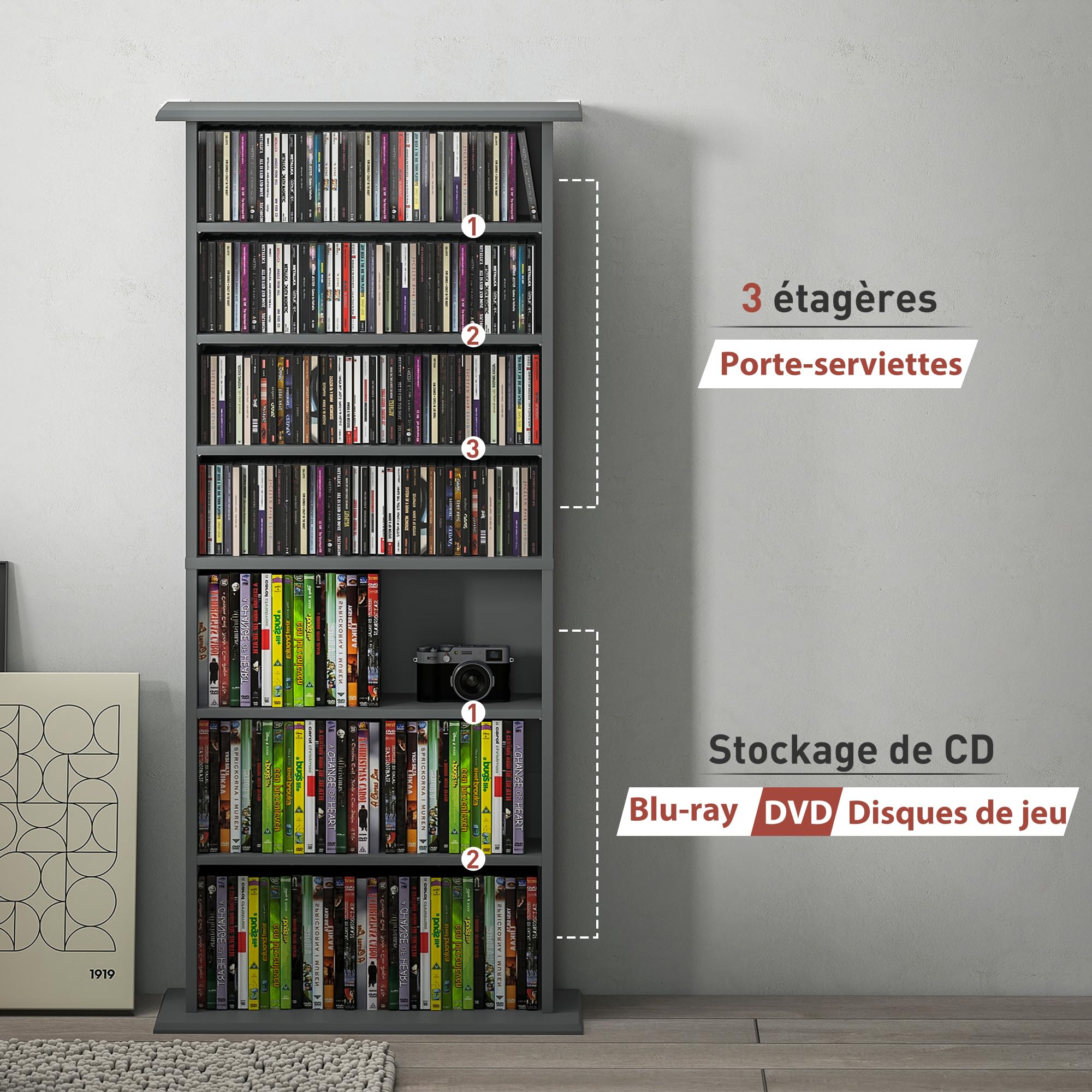 HOMCOM Rangements pour CD et DVD, meuble de rangement multimédia, capacité 360 CD/185 DVD et Blu-ray, 8 compartiments et 6 étagères réglables, pour salon, chambre, 58x24x126,3cm, gris