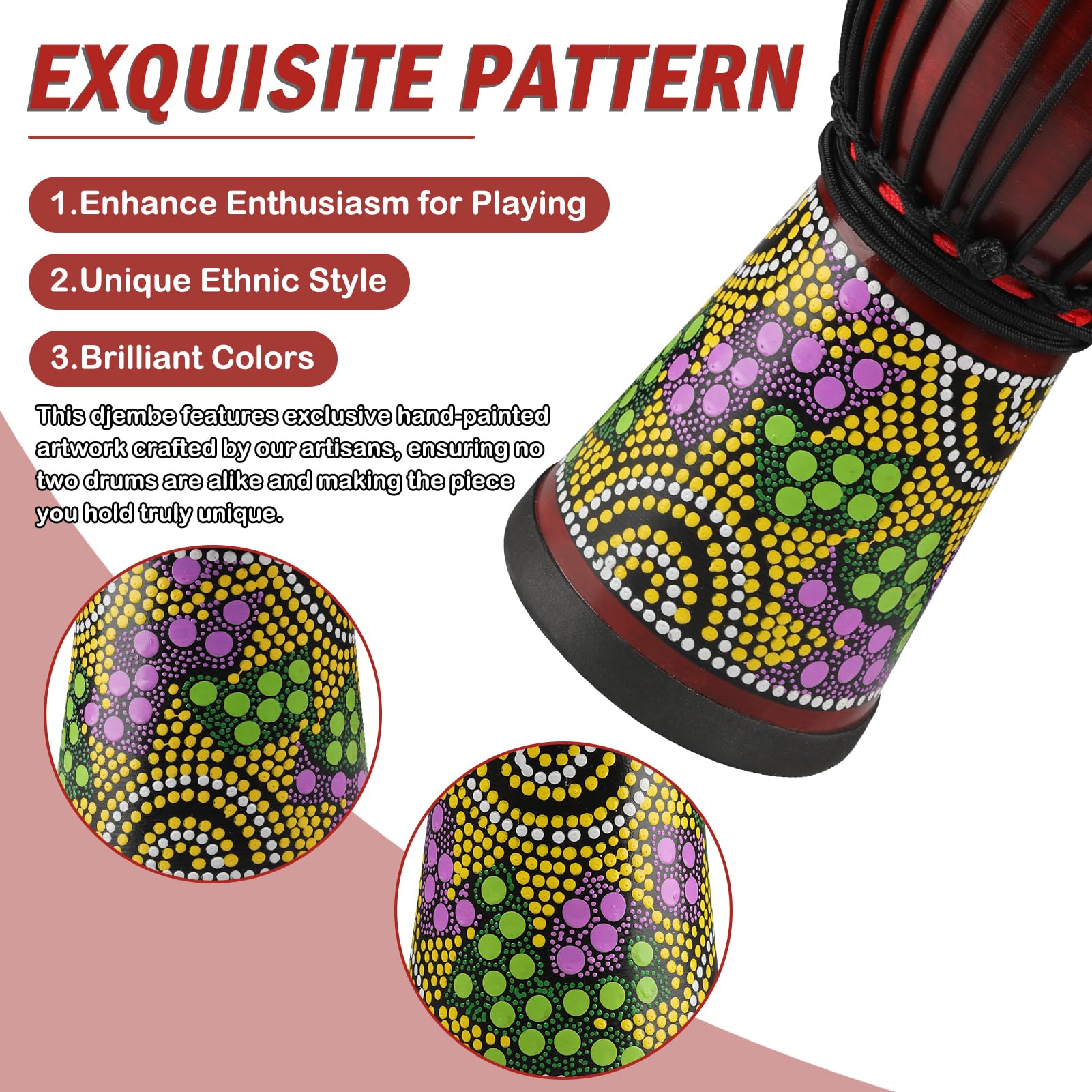 Wood Djembe Drum, 4.5'' x 8''Carved Mahogany African Drums with Goatskin Drumhead, West African Styled Professional Djembe Hand Drum for Kids and Adults Beginners