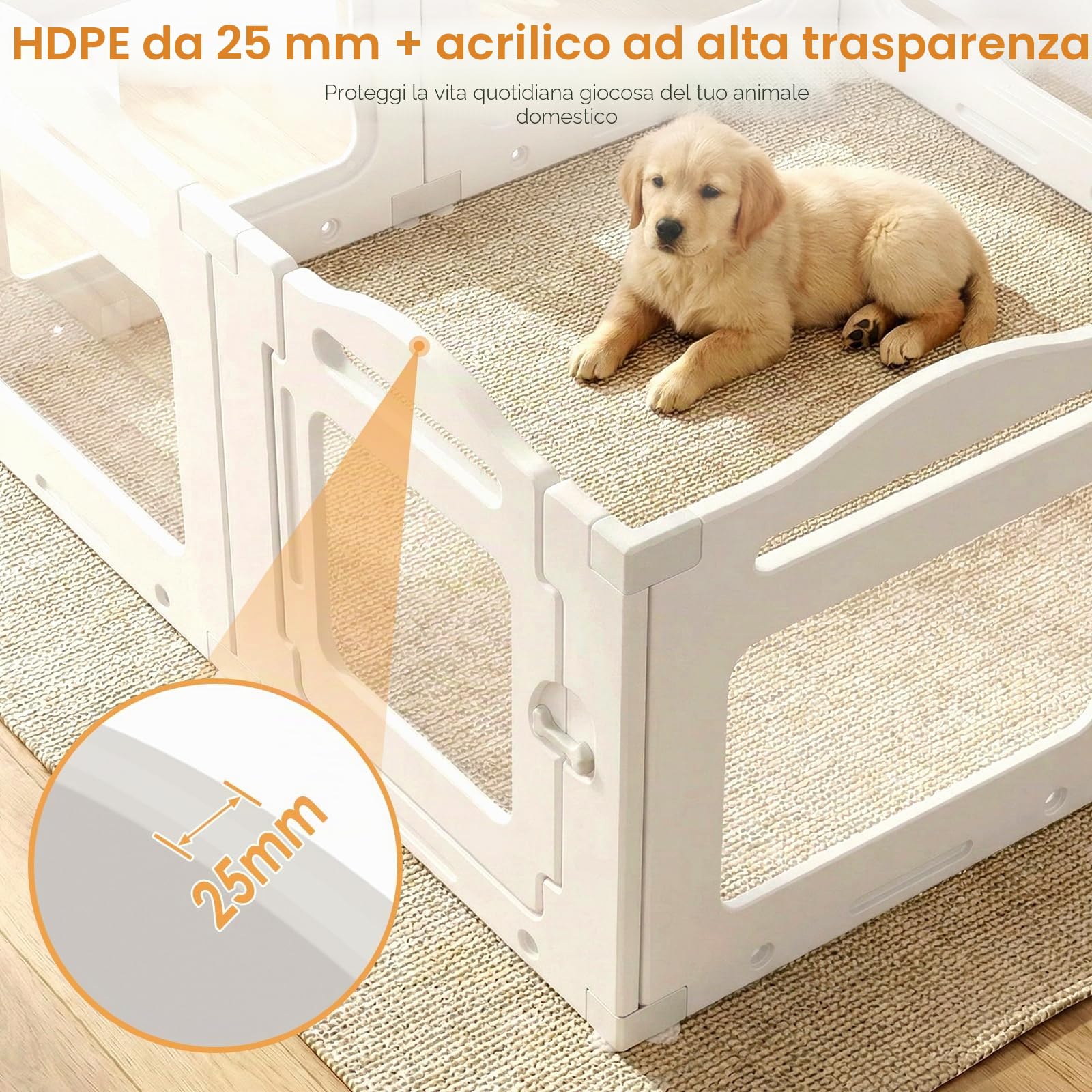 MAMIZO Recinto per Cani Acrilico 129 × 129 × 60 cm, Box per Cuccioli | Box per il Parto Cani con Porta a Chiusura e Ventose, 8 PCS Pannelli Parco per Cani adatto Appartamento, Bianco