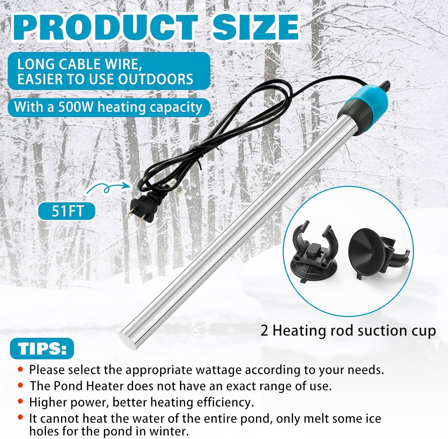 VIHOSE 500w Outdoor Pond Heater with Adjustable Knob, Fish Tank Heater Submersible with 2 Suction Cups and Extra Thick Safety Cable, Safe for 60 to 80 Gallon - Image 2