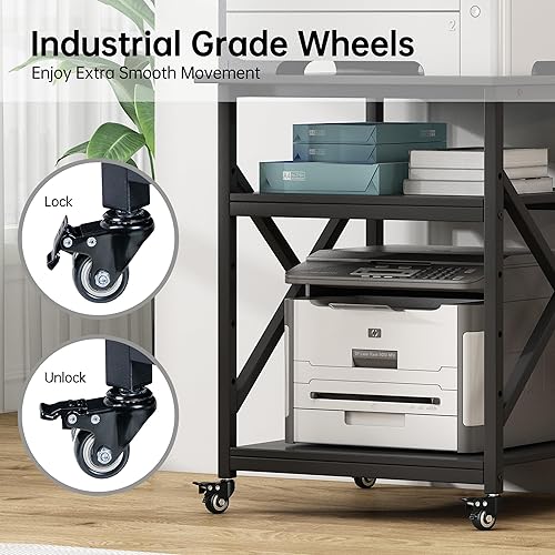Miniatura 4 de Soporte para impresora, 23.6 x 23.6 x 30.1 pulgadas, mesa cuadrada grande para impresora con estante de almacenamiento ajustable en altura, carrito