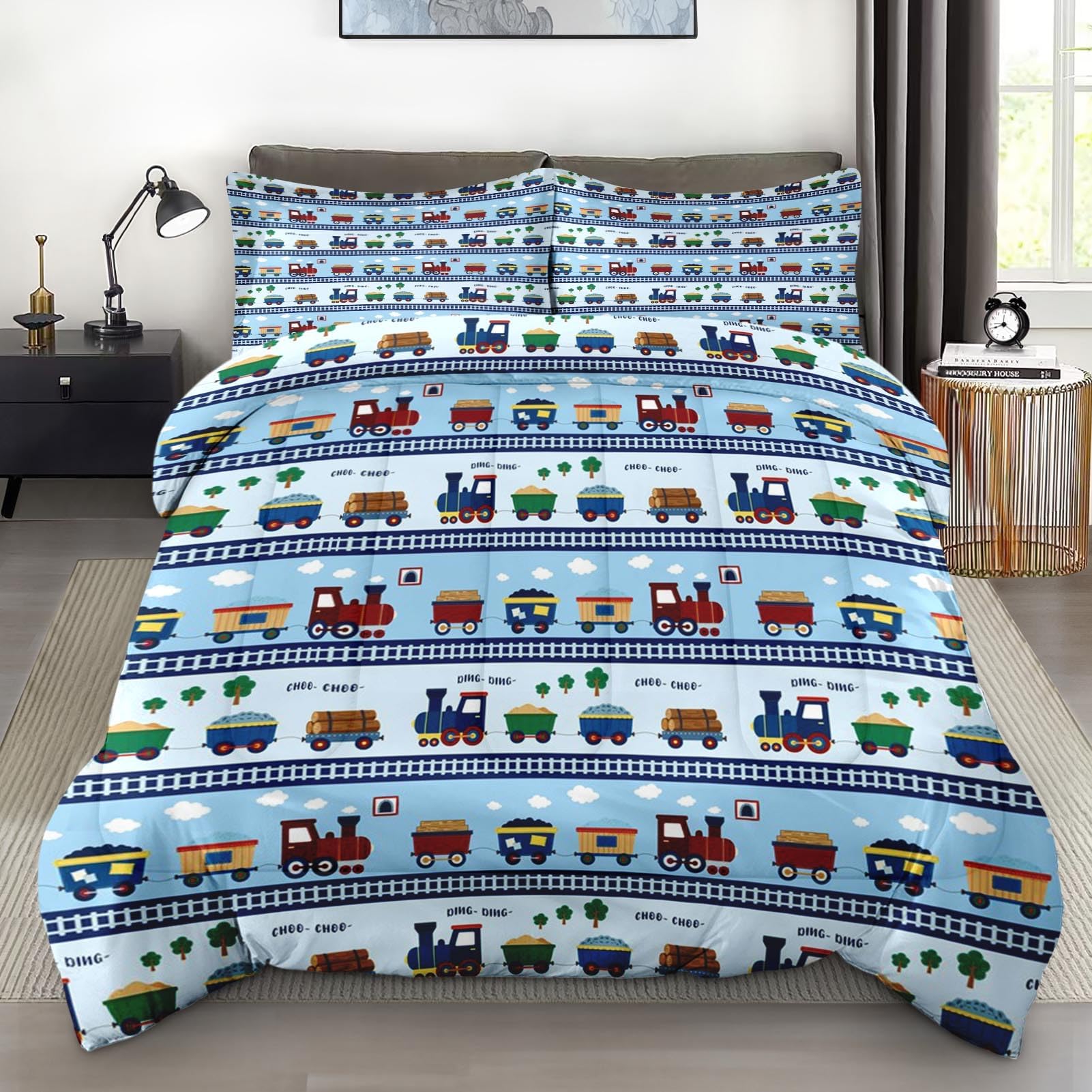 Comforter Set Queen Size, Cute Cartoon Train Car Soft 3 Pcs Bedding for Kids and Adults, Blue Rail Roads Tracks Comforter Set with 2 Pillowcases for Bedroom Bed Decor