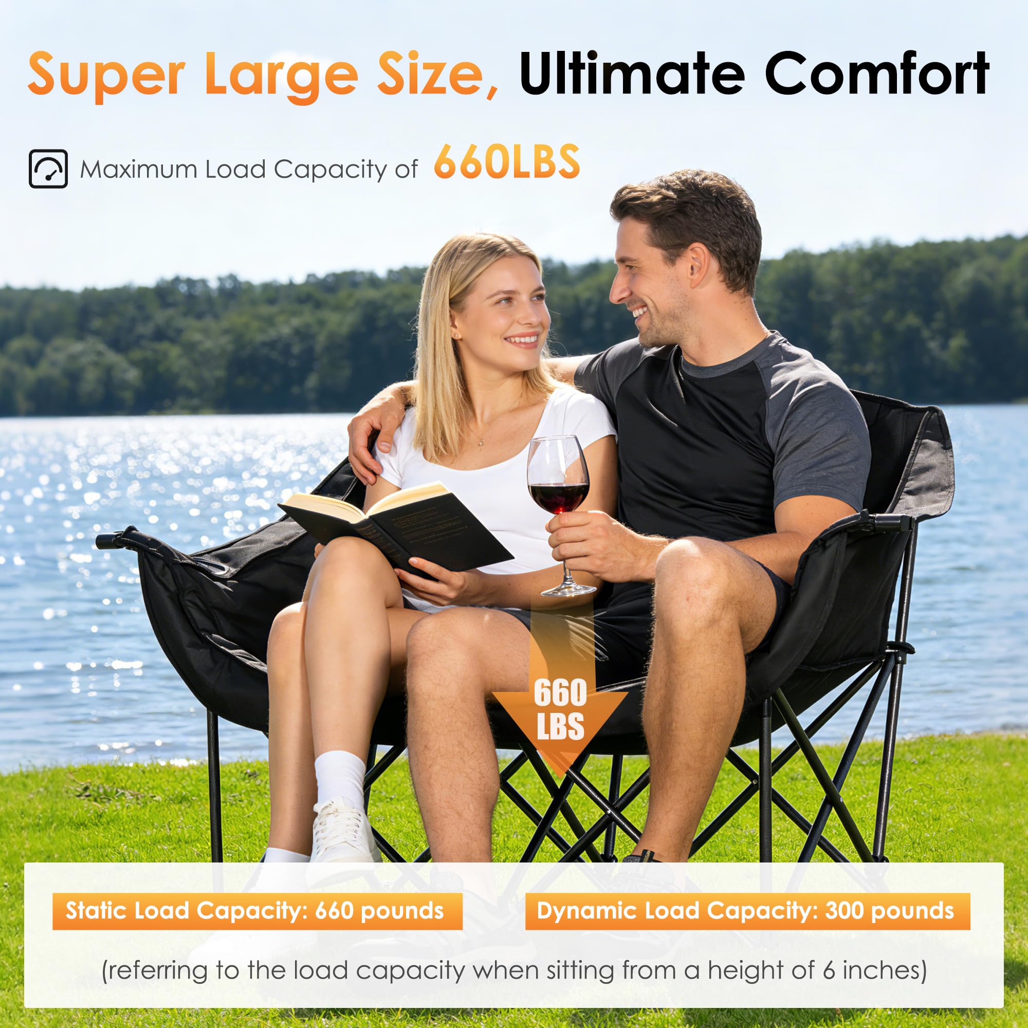 SogesPower Doppelter Campingklappstuhl mit 2 Getränkehaltern & Weinglas Halter – Gepolsterter 2-Sitzer (50x140x93 cm) – Stahlgestell 300 kg Tragfähigkeit – Für Strand, Picknick, Garten, Konzerte