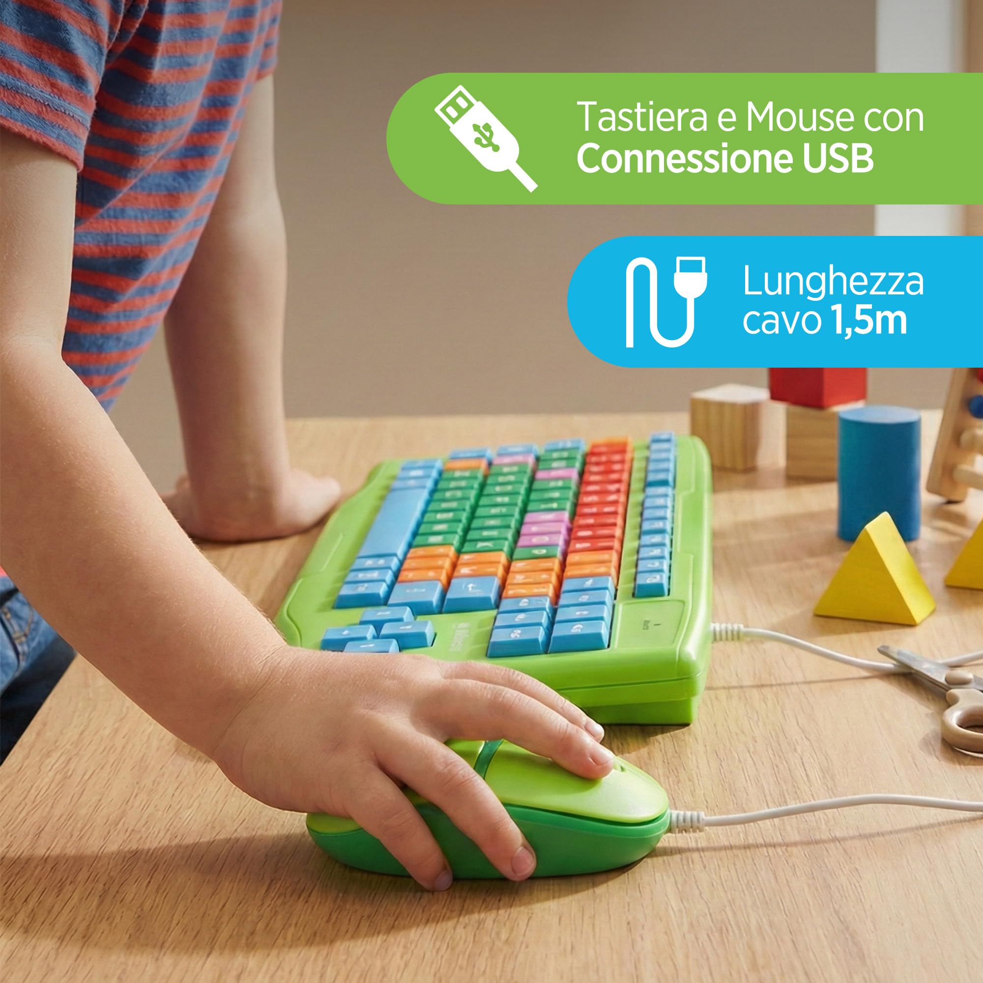 Atlantis Kids Keyboard + Mouse, Kit Tastiera Italiana QWERTY e Mouse USB fino a 1600Dpi con tasti grandi, morbidi, colorati, caratteri ingranditi