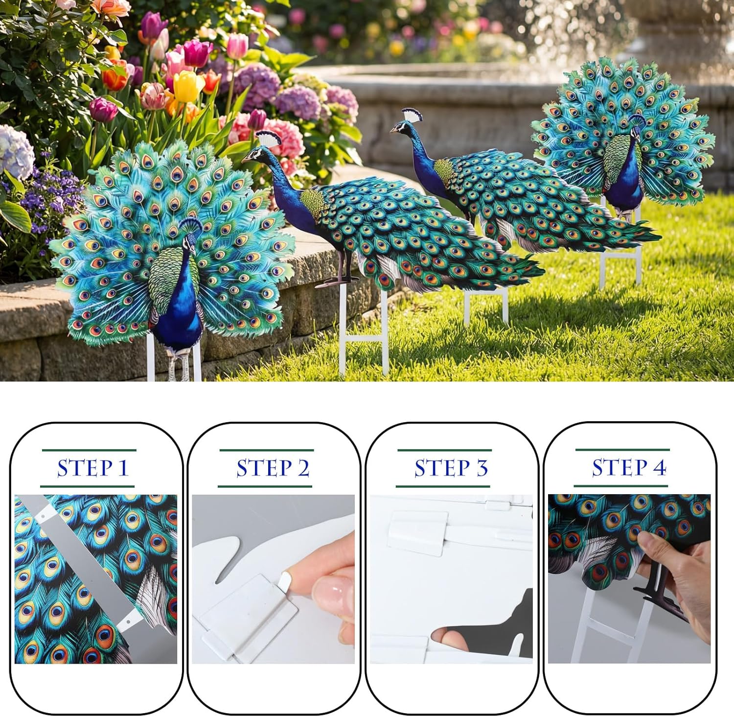 Riakrum 4 Pcs Metal Peacock Statue Garden Decor Outdoor Metallic Peacock Tail Spread Yard Lawn Decoration Housewarming Birthday Gifts for Patio, Lawn, or Entryway, Multicolor