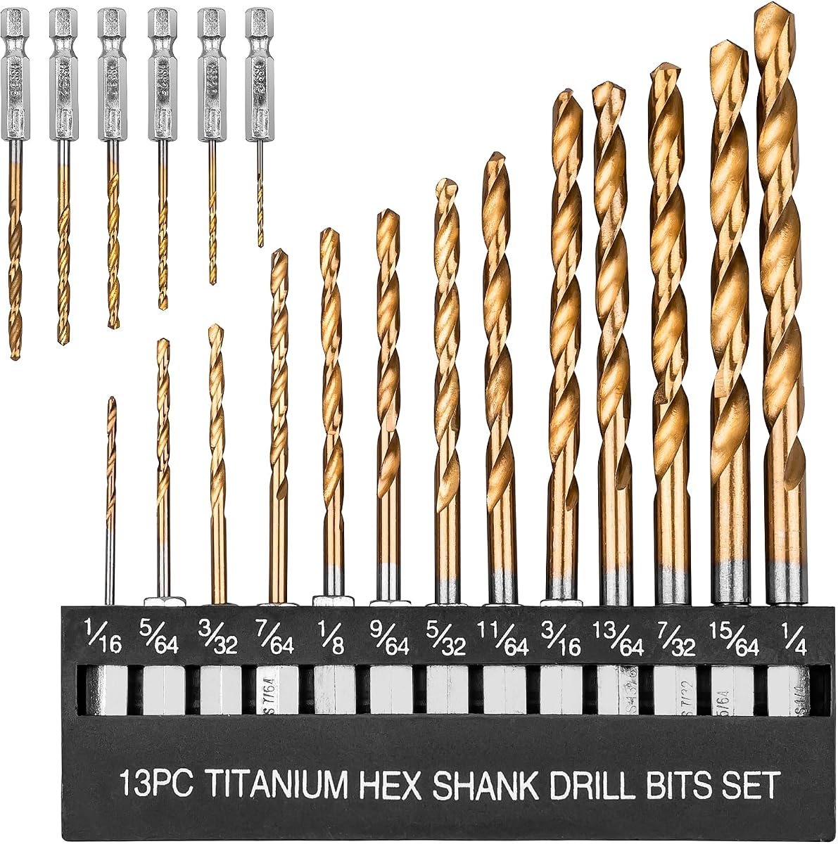 AUYAARS 19 PCS Hex Shank Drill Bit Set, 1/16"-1/4" HSS Titanium Coated Twist Bits for Metal Wood Plastic, 4241 High Speed Steel Small Quick Change Drill Bits with Holder