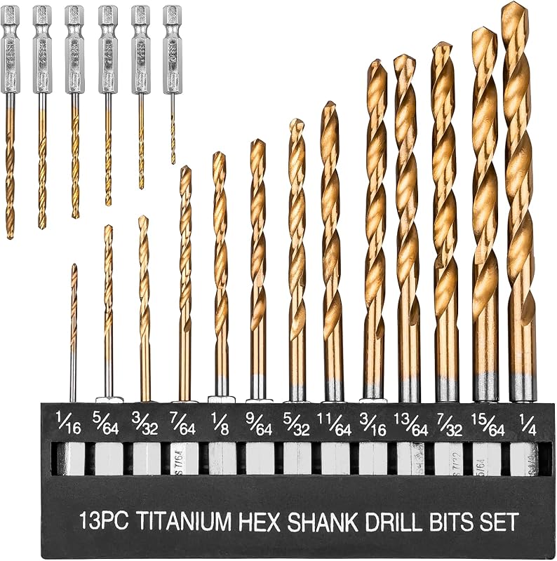 AUYAARS 19 PCS Hex Shank Drill Bit Set, 1/16"-1/4" HSS Titanium Coated Twist Bits for Metal Wood Plastic, 4241 High Speed Steel Small Quick Change Drill Bits with Holder