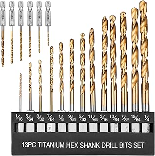19 PCS Hex Shank Drill Bit Set, 1/16"-1/4" HSS Titanium Coated Twist Bits for Metal Wood Plastic, 4241 High Speed Steel Small Quick Change Drill Bits with Holder