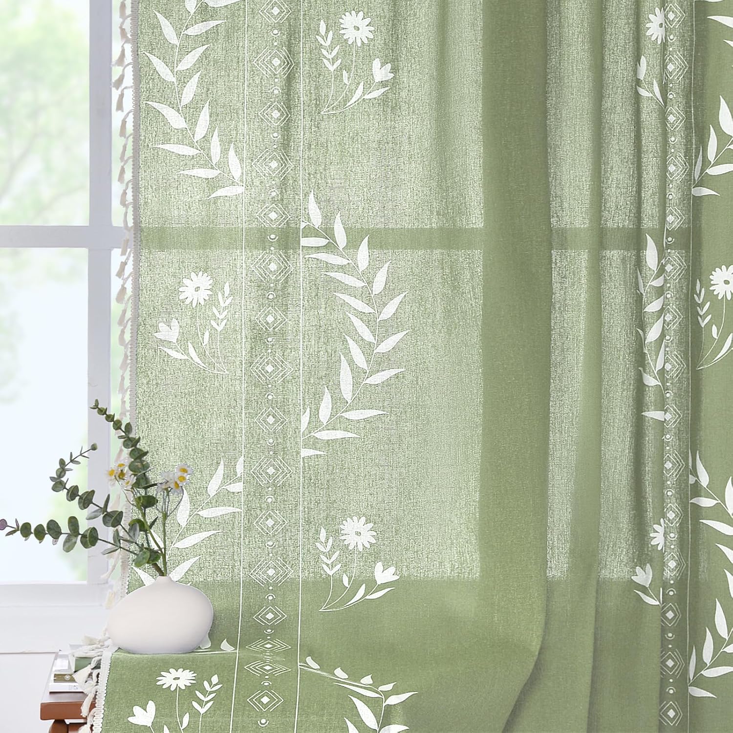 Schweek Sage Green Curtains for Living Room Inches Long Linen Floral Boho Curtains Vintage Patterned Window Curtain 2 Panel Sets,Light Green 132"W x 244"L (Pack of 2) Sage Green