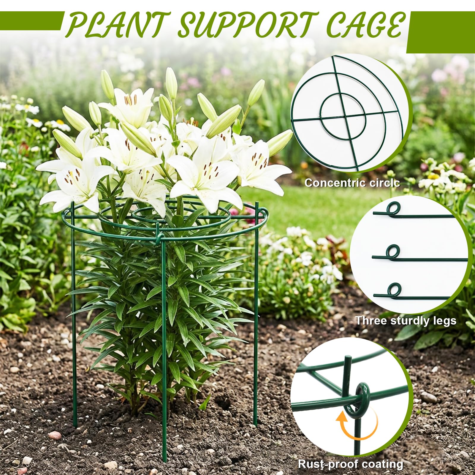 Cyiecw 4 Stück Pflanzenstützen Rund Set, Grüne Metall Staudenhalter mit 3 Beinen, Rostfreie Pflanzenstütze für Pfingstrosen, Hortensien Stütze und Blumenstützringe Ranken, 30x40cm & 35x45cm Garten