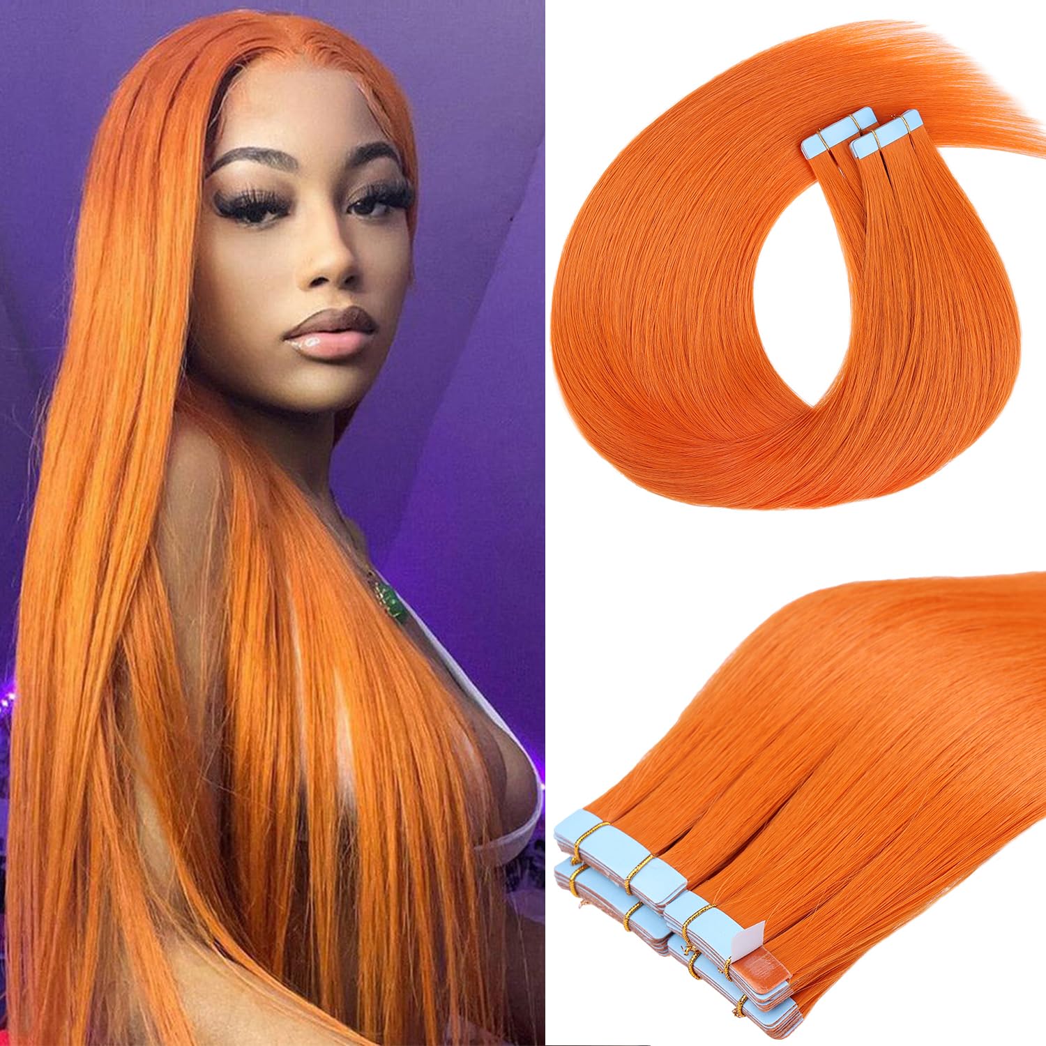Mscat Tape in Hair Extensions 22 Inch 20Pcs 50g/pack Orange Auburn Invisible Straight Hair Extensions Tape in(22Inch #1002F Orange)