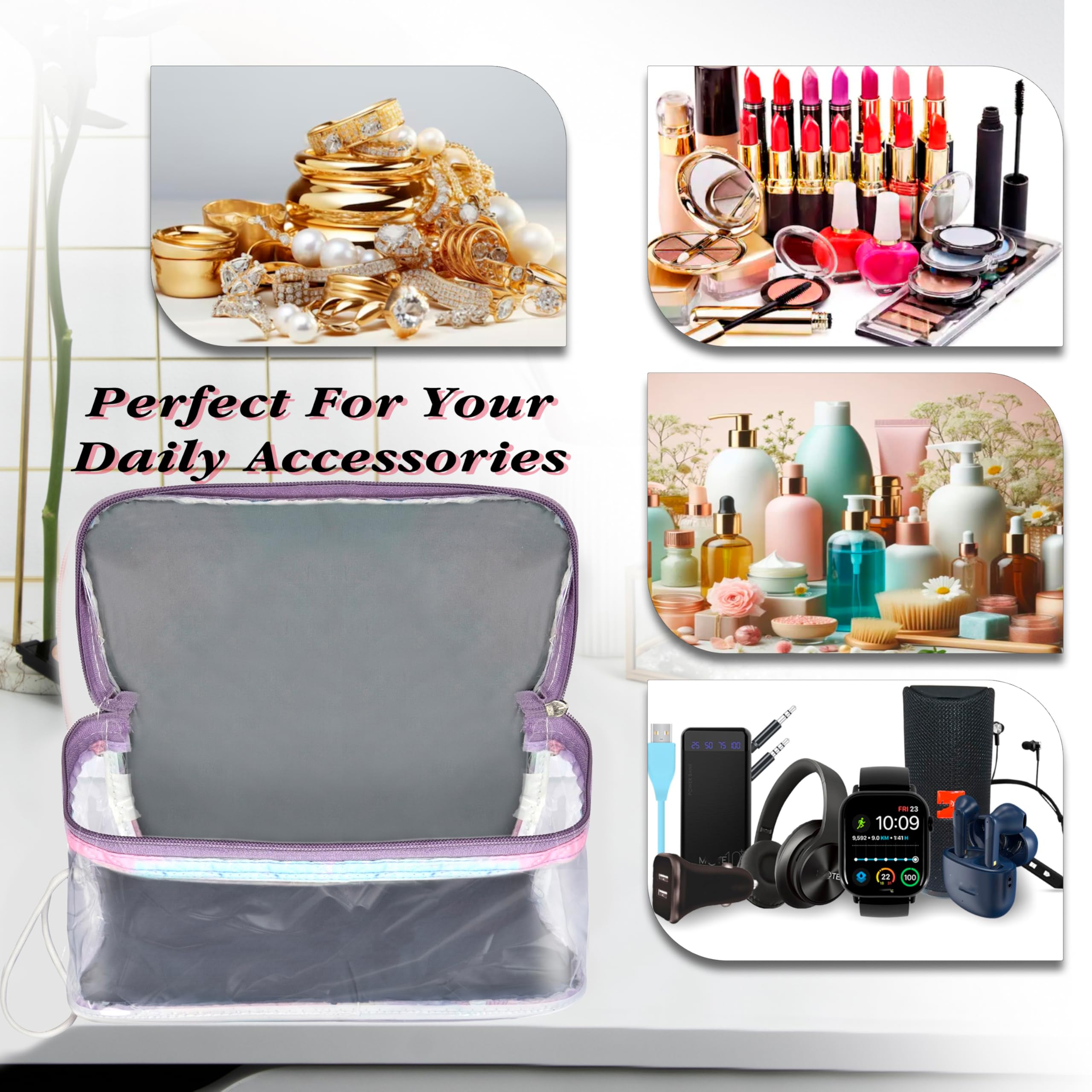 Storite Levendar - Bolsa transparente para cosméticos con estampado de unicornio, organizador de maquillaje, accesorios de joyería, bolsa de aseo con cremallera y asa para mujeres, accesorios de viaje
