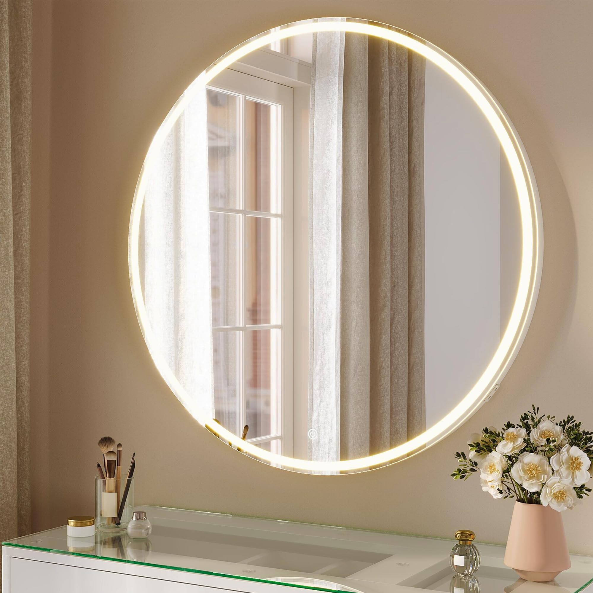 Schminkspiegel mit Beleuchtung Runder 80cm, LED Tischspiegel mit 3 Farbe modi dimmbar, Kosmetikspiegel mit Touchschalter und Steckdose, Abnehmbarer Standfuß, Wandmontage oder Tisch montiert
