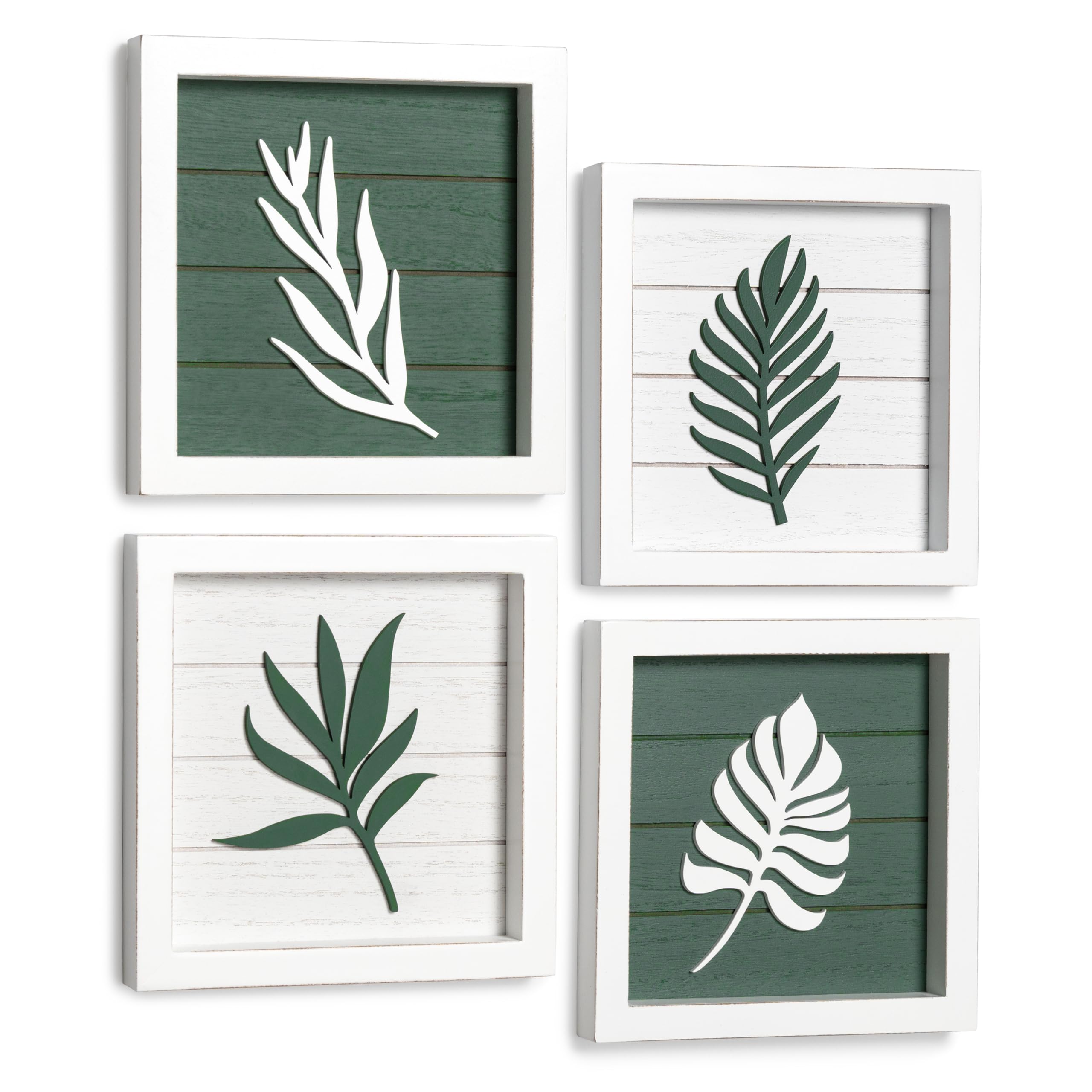 3D Green Botanical Wall Art (Framed Set of 4) Lightweight, Ready-to-Hang Leaf Decor - Wooden Minimalist Boho Wall Art for Bathroom, Bedroom, Living Room or Office - Farmhouse Plant Artwork, Gift-Boxed