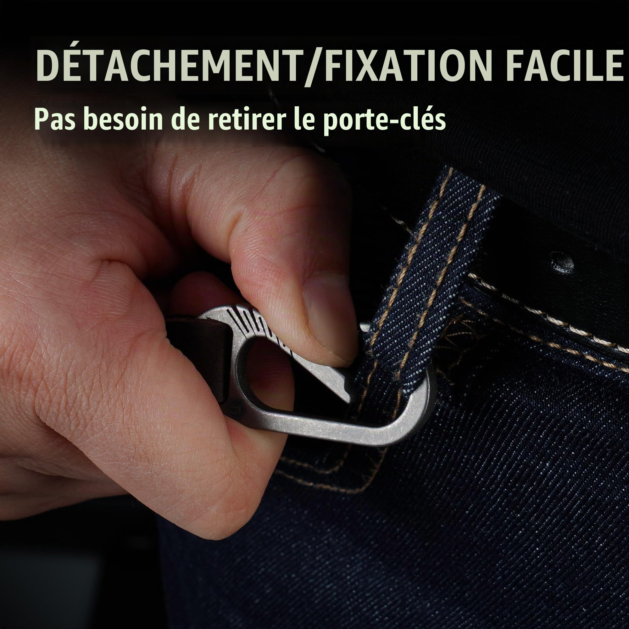 KeyUnity KM02 Clip Ceinture en Titane Mousqueton Porte-clés en Cuir avec Porte-clés Amovible en Acier Inoxydable