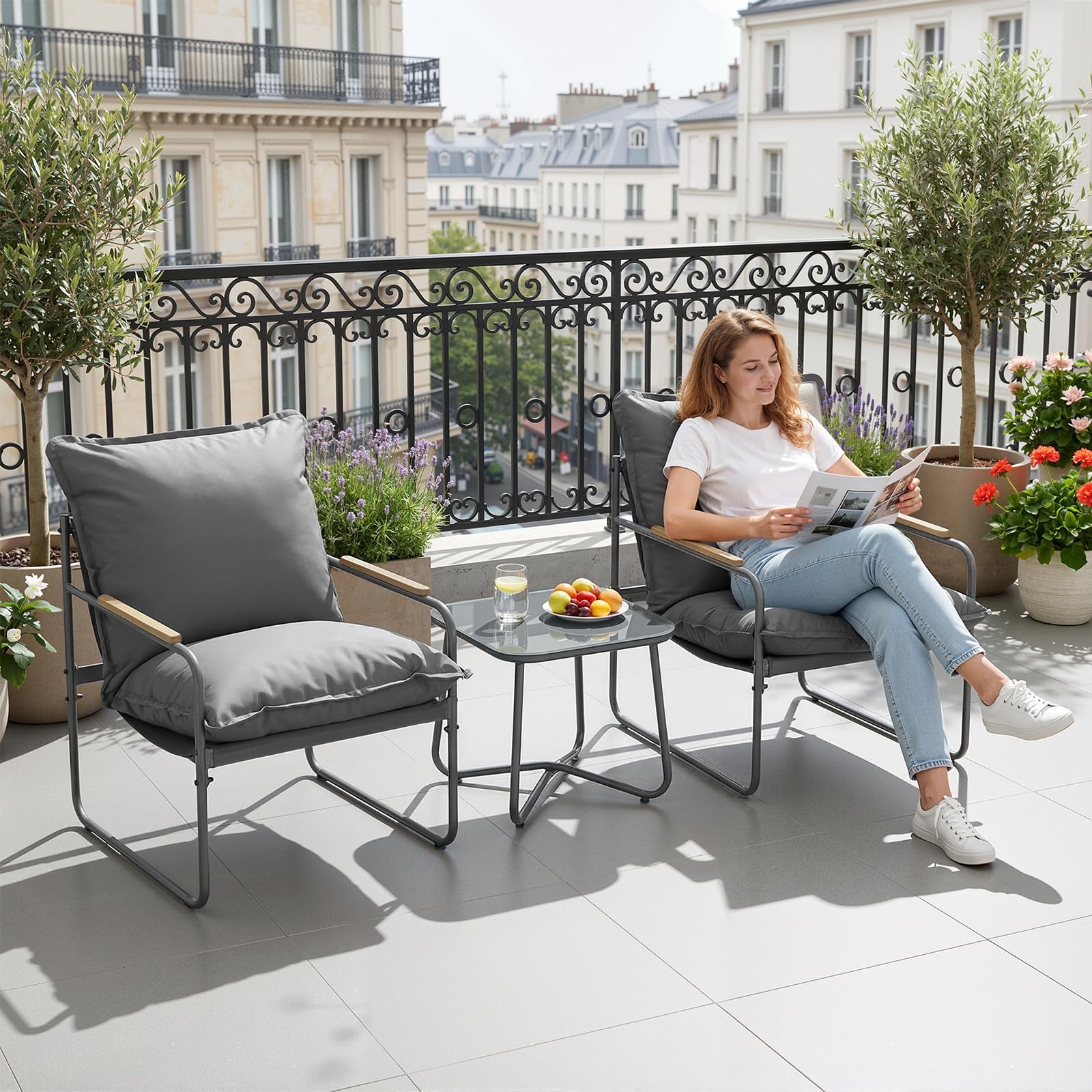 WOLTU Gartenmöbel Set 3-teilig 2 Sessel 1 Couchtisch und Kissen Balkonmöbel Metallrahmen 160kg Belastbarkeit Garten Balkon Möbel Klein Gartentisch mit 2 Stühlen, Grau