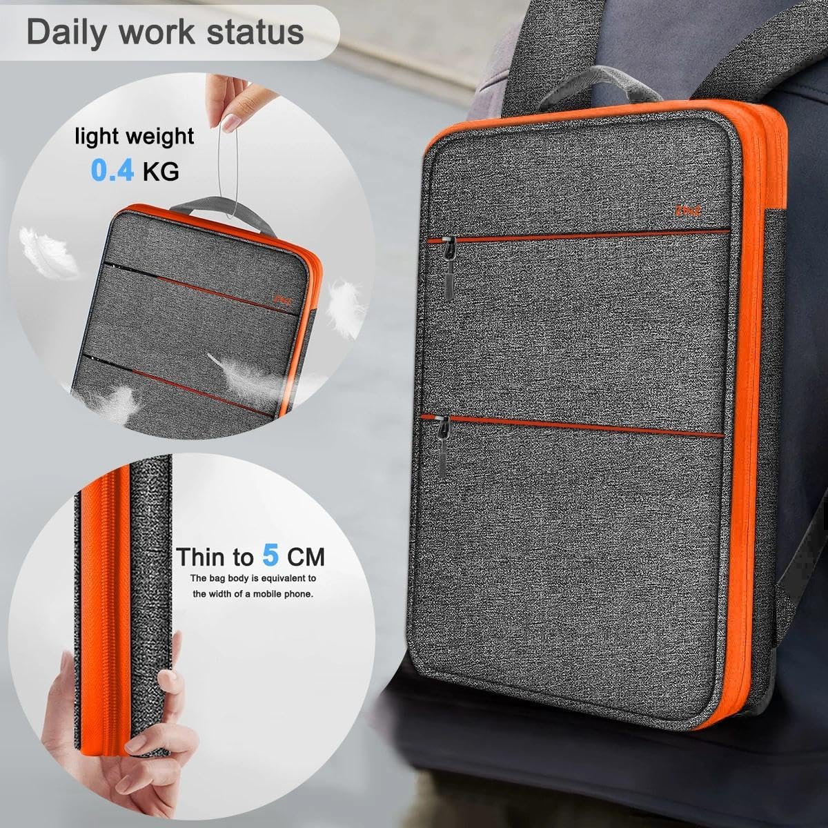 ZINZ Travel Laptop Backpack with Small Case for 15-16 inch Notebooks, Slim & Expandable Computer Bag for College Business Commute for Men and Women,Dark Gray-Orange