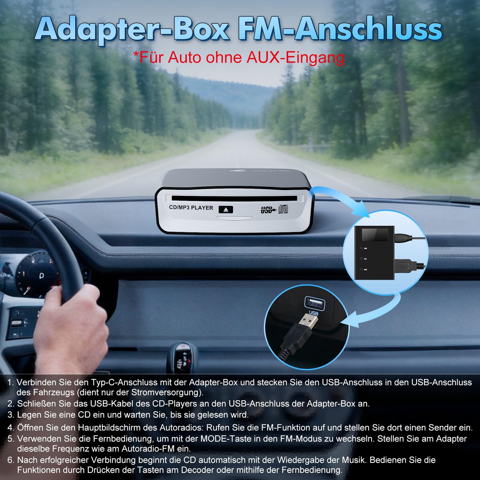 Auto CD Player mit USB-Anschluss - Timzeit Extern Universal CD Player für Auto PKW LKW mit AUX-kabel und Fernbedienung, Externes CD Laufwerk für Laptop, PC, Fernseher, kompatibel mit Android Autoradio