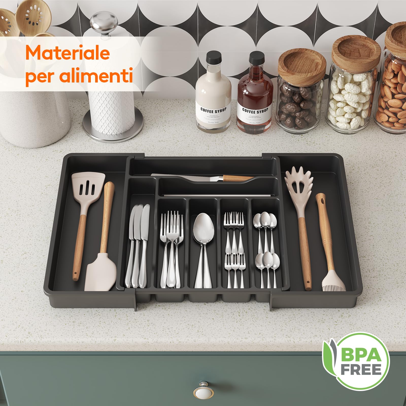 Lifewit Portaposate da Cassetto, Vassoio Espandibile Porta Posate per Cucina da Cassetto, Portaposate Regolabile in Plastica per Utensili, Cucchiai, Forchette e Coltelli, Grande, Nero