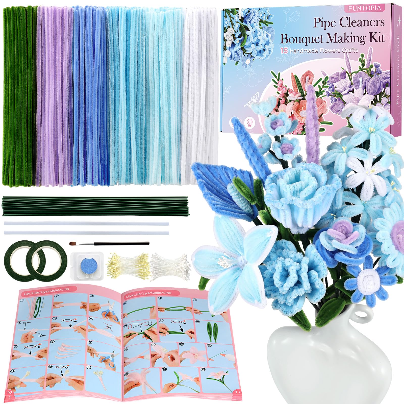 Funtopia Pipe Cleaner Flowers, 540 Pcs Pipe Cleaners Flower Kit, 6 Colors — image 1