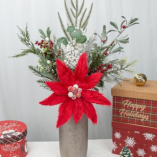 Miniatura 9 de Briful 4 piezas de flores de Pascua artificiales de Navidad de 11.8 pulgadas, flores falsas de felpa grandes en aerosol para árbol de Navidad,