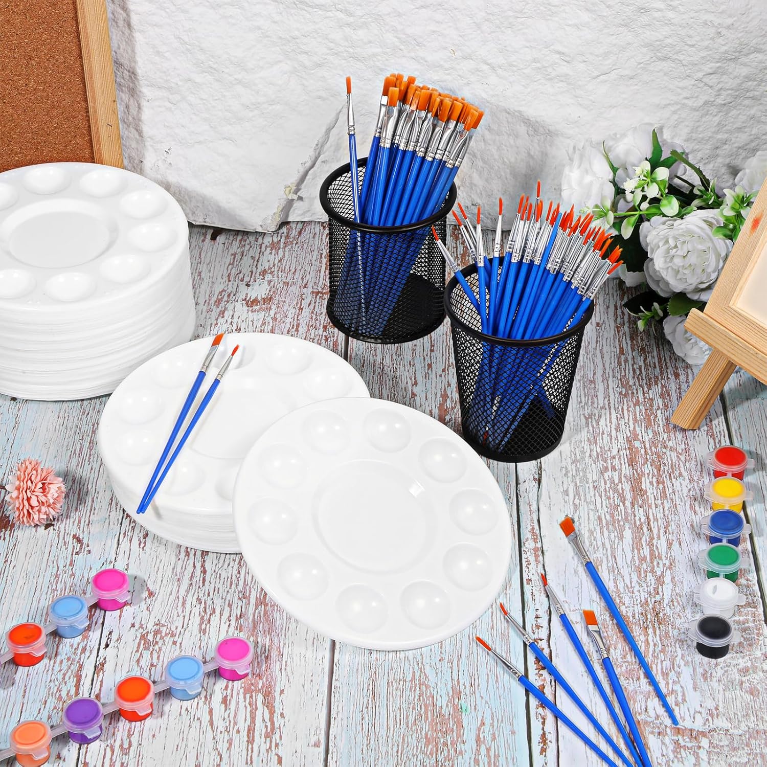 150 Pcs Painting Brushes Palettes Set, Including 50 Painting Palettes with 10 Wells, 100 Small Paint Brushes (Flat/Round), Nylon Brush Head, Paint Supplies for Acrylic Oil Watercolor Canvas Art DIY