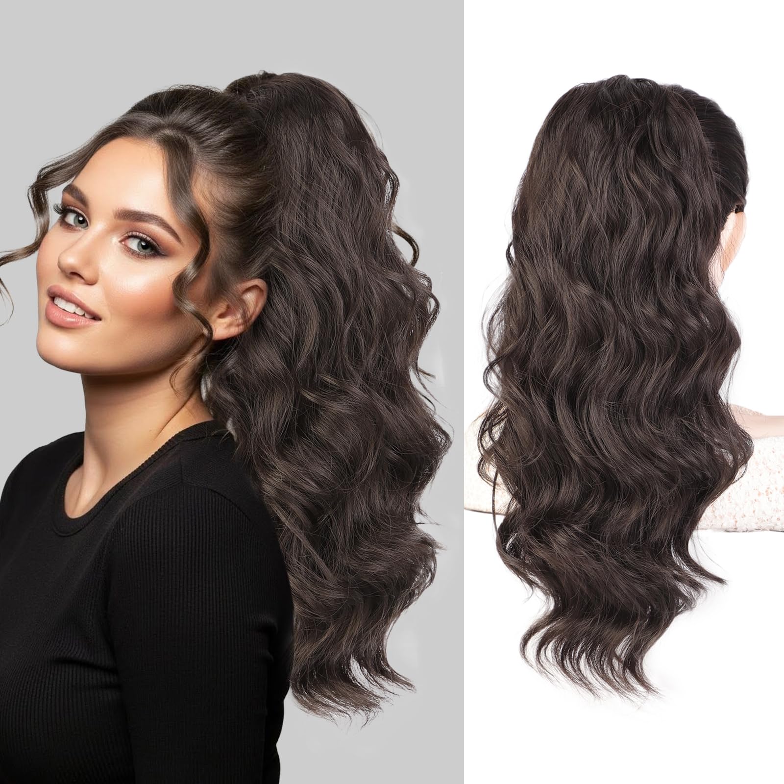 Stamped Glorious Ponytail Extension 22" Long Body Wave Ponytail Synthetic Heat Resistant Drawstring Pony Tail Hairpieces for Women(Drak Brown)