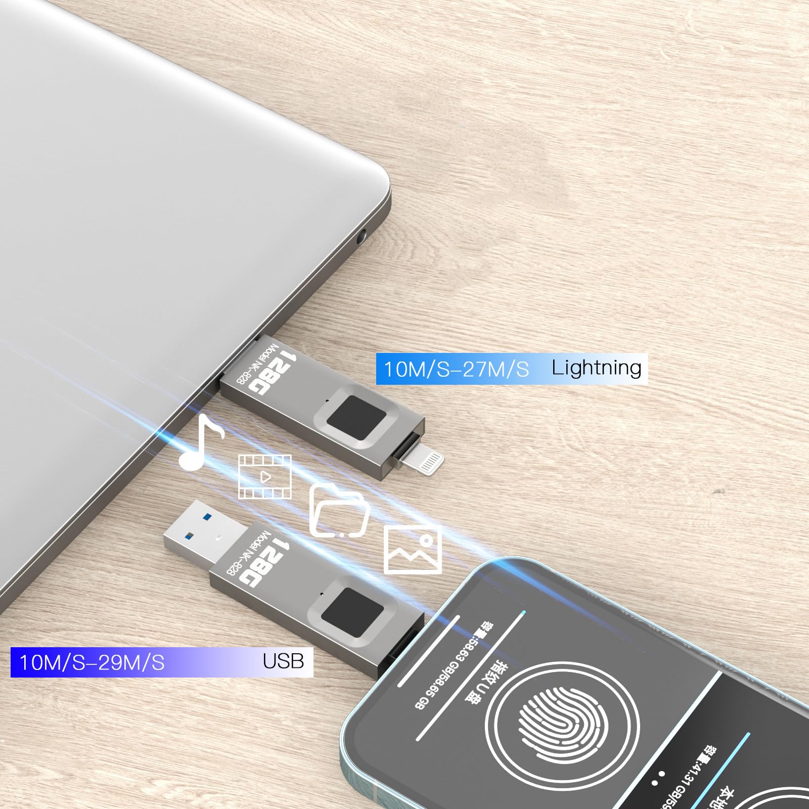 Unidad flash USB de huellas dactilares, disco U cifrado de 128 GB para dispositivos móviles, compatible con interfaz iOS y USB