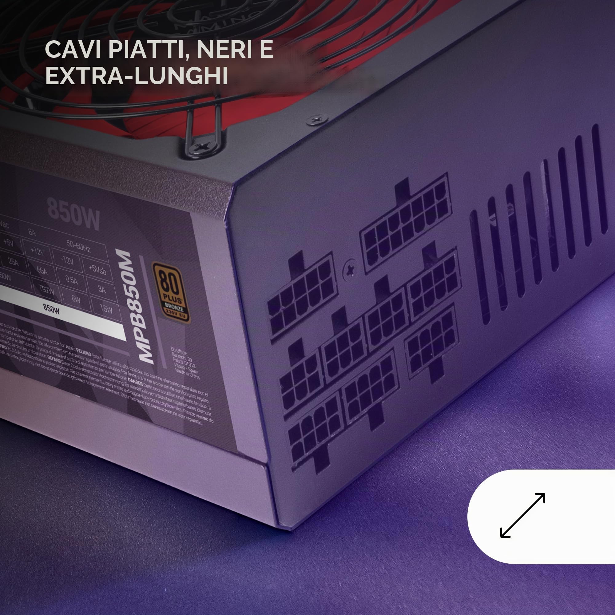 Mars Gaming MPB850M, Alimentatore Modulare ATX 850W, 6 Anni Garanzia, 80Plus Bronze 230V, Tecnologia AI-RPM Silenziosa, 90% Efficienza, Nero