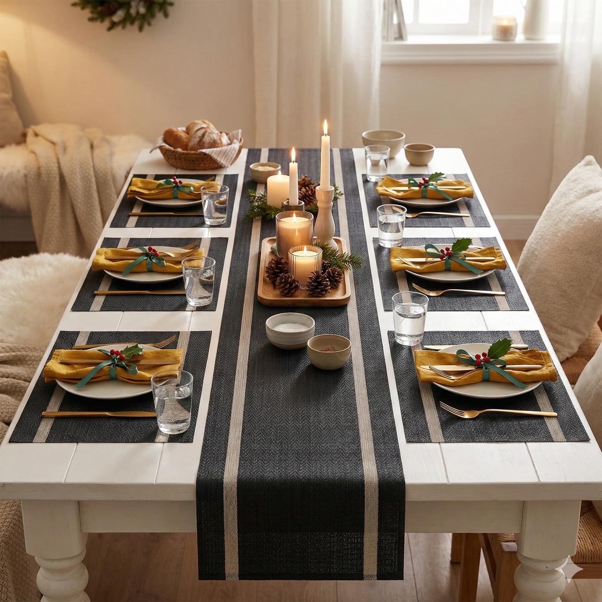 YELONA Dining Table Placemats and Runner Set - Heat Resistant, Washable, Stain Resistant Mats - Woven Vinyl Plastic - Easy to Clean-(45x30 cm 6 Placemats, 135x30 cm 1 Runner)-Ideal for Stylish Dining