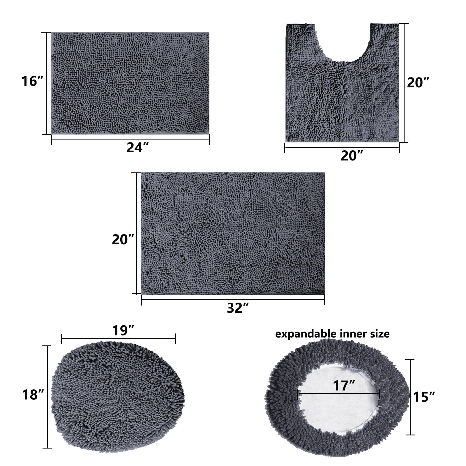 Juego de 4 tapetes de baño de felpilla con respaldo antideslizante de PVC, súper absorbentes de agua, con funda de inodoro, lavables a máquina para baño, cocina, dormitorio, gris profundo